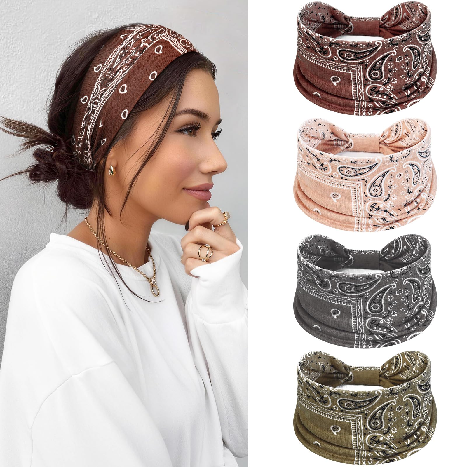 Fascia Capelli Donna 4 Pezzi - Elastico Fasce per Capelli Donna Traspirante per Yoga, Ufficio Boho Chic Large Headband Accessori Capelli donna