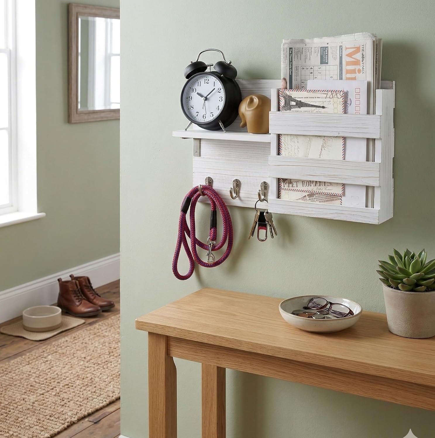 Spiretro Wall-Mounted Key Hooks Holder and Mail Sorter - Rustic Wood White - Entryway Organizer for Letters, Leashes, and Purses - Floating Shelf, 16.5” W x 9.75" H x 4.5” D