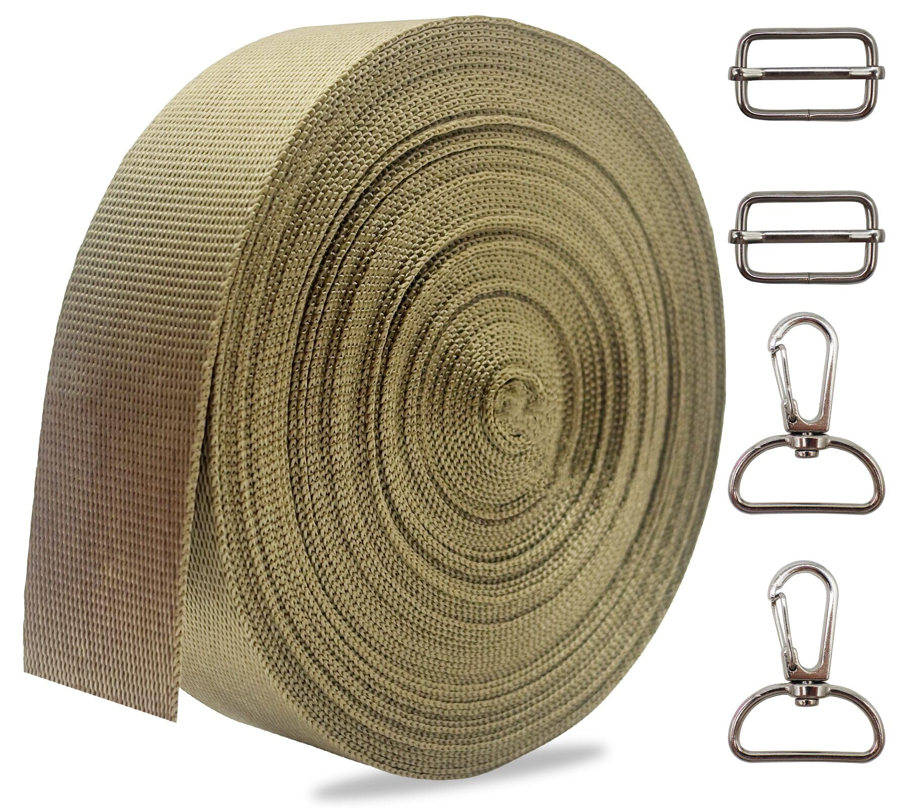 Khaki 1 Inch Heavy Duty Nylon Webbing Straps with Buckles 10 Yards