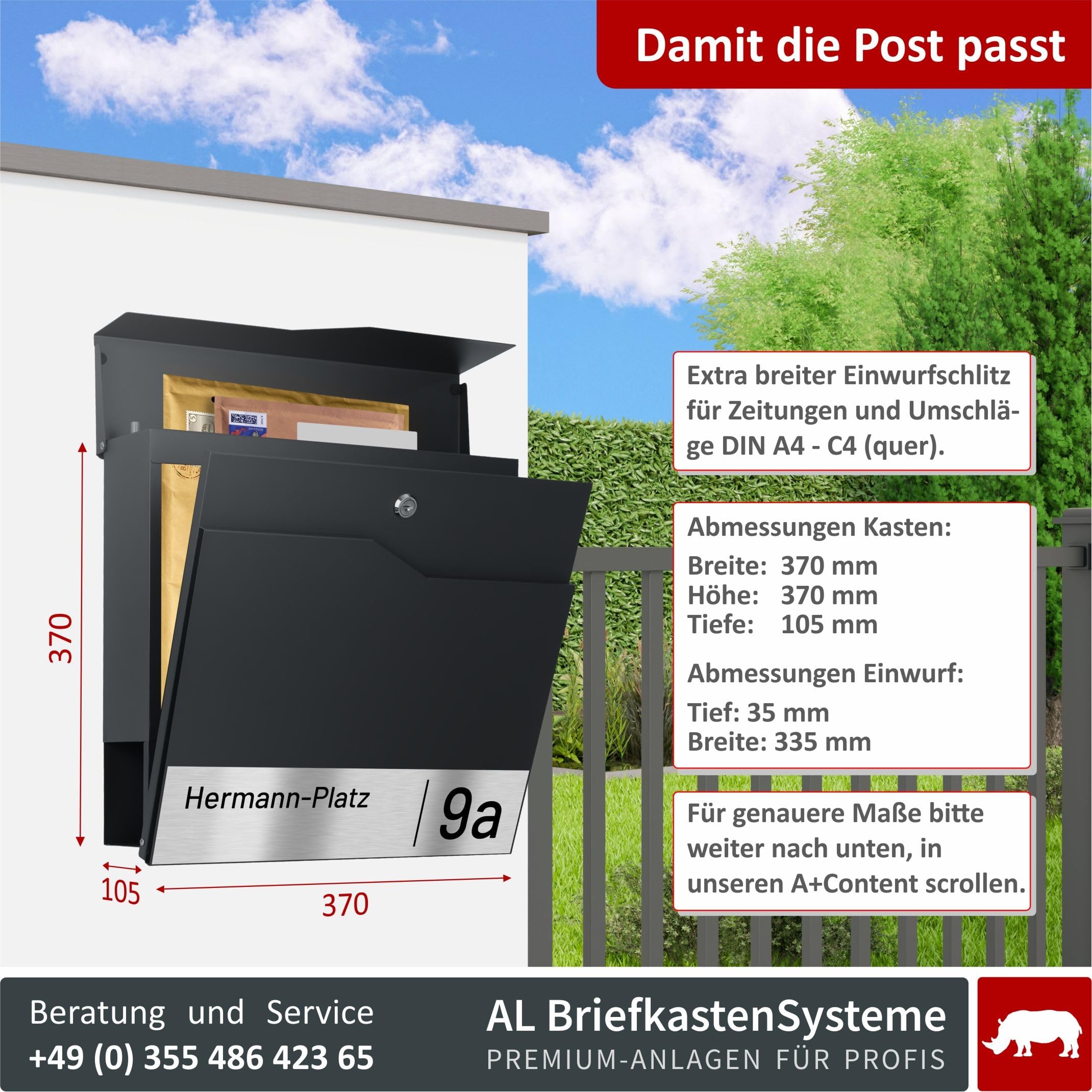 AL Briefkastensysteme Laser-Line 1er Briefkasten personalisiert mit Namen + Hausnummer - Postkasten Anthrazit RAL 7016 modern mit Zeitungsfach Gravur & Absenkautomatik für Wand- & Zaunbriefkasten