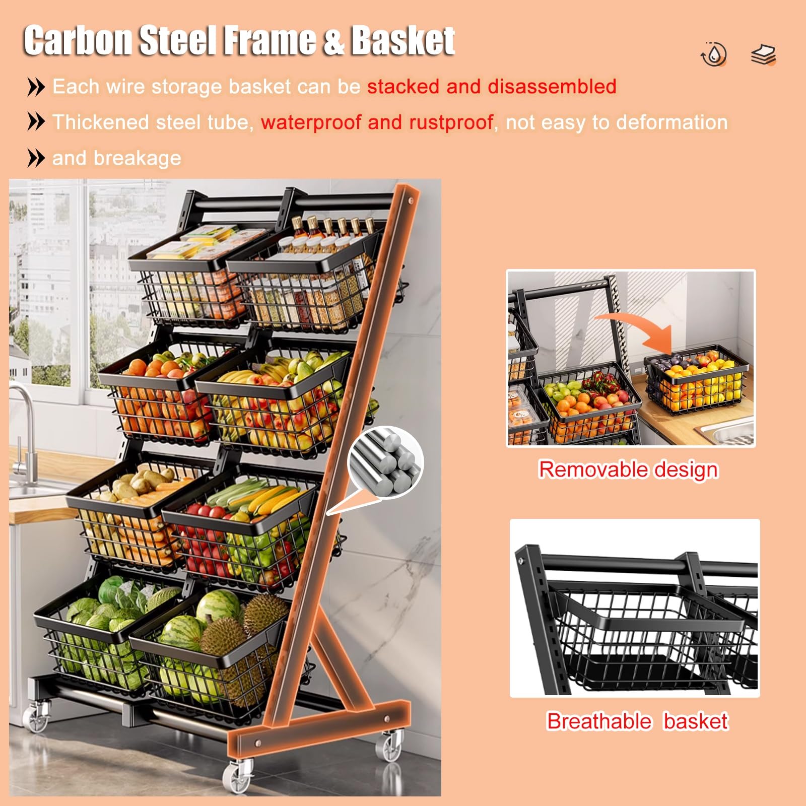 Carrello Portafrutta 5 Livelli Con Cestello Drenante E Ruote 360°, Per Cucina E Dispensa, 60x32x125 Cm