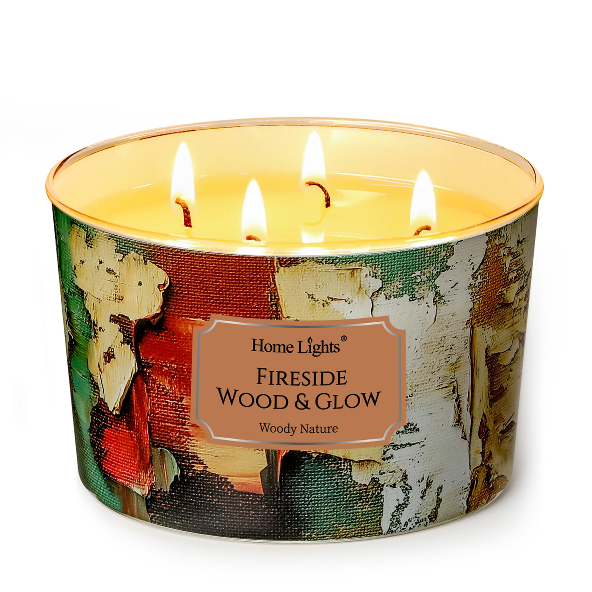 Home Lights 4-Wick Candles for Home Scented - 18oz Soy Wax Candle Long-Lasting Fragrance, Industrial Chic Home Decor and Housewarming Gifts, Fireside Wood &amp; Glow