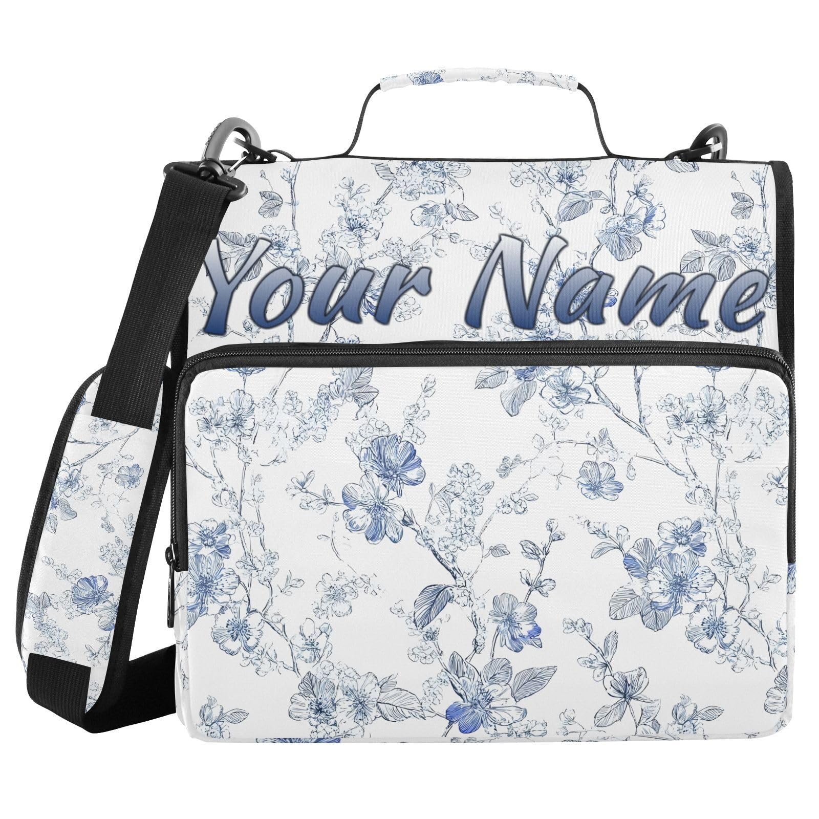 Custom 3 Ring Zipper Binder Blue Flower White Paisley Personalized Name 1.5 Inch Binders Large Capacity Multi Pockets for School Office Supplies