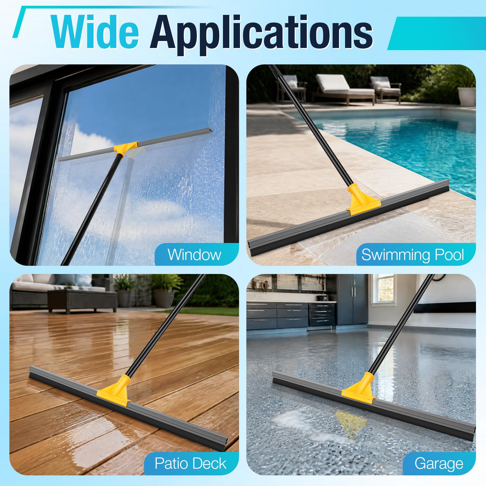 Escobilla de goma de 24 pulgadas para suelo de hormigón, escoba grande resistente con mango largo de 57 pulgadas, fregona de goma para azulejos, suelos epoxi, ventana, ducha, patio, piscina, hogar