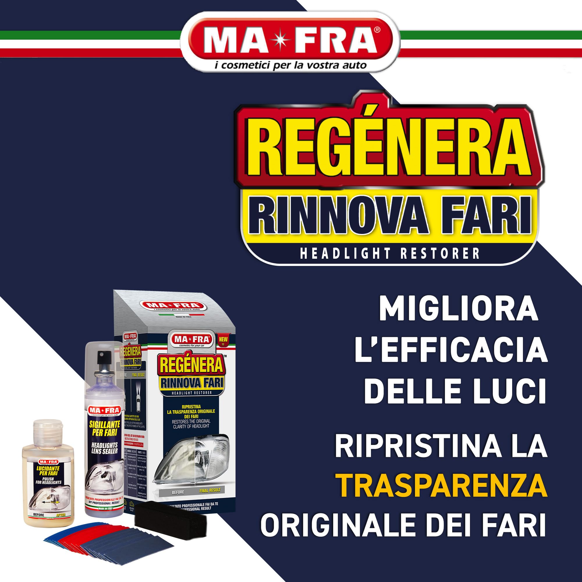 Ma-Fra Kit Regénera Fari, Composto da 16 Carte Abrasive, Polish Lucidante e Sigillante Spray, Ripristina Aspetto Originale dei Fanali Auto e Migliora l'Efficacia delle Luci, Rimuove Effetto Opaco