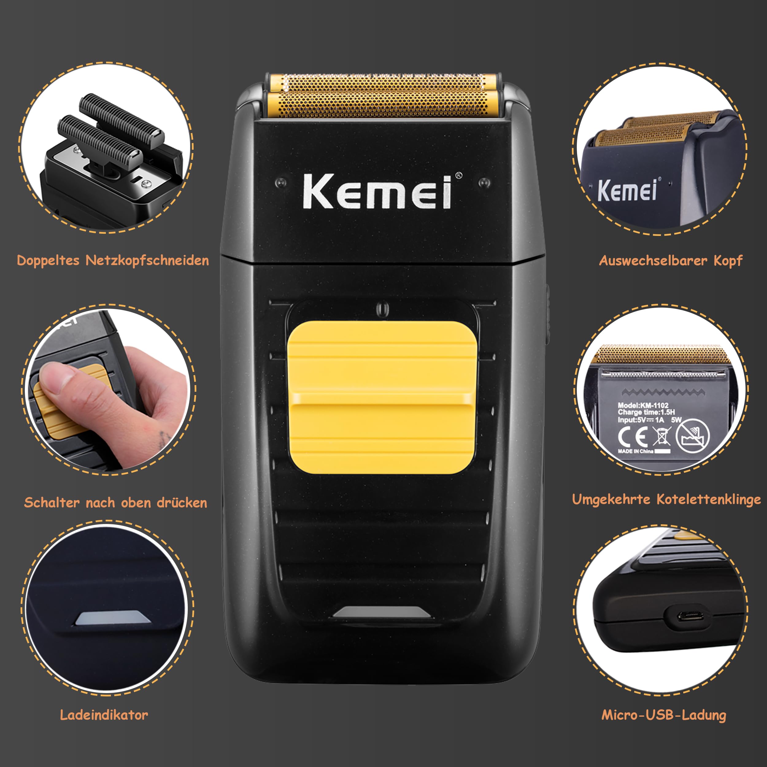 Kemei Elektrorasierer für und Haarschneidemaschine für Männer, professioneller Trimmer ohne Zwischenraum, kabelloser Kopfrasierer mit Glatze, 1102+2299