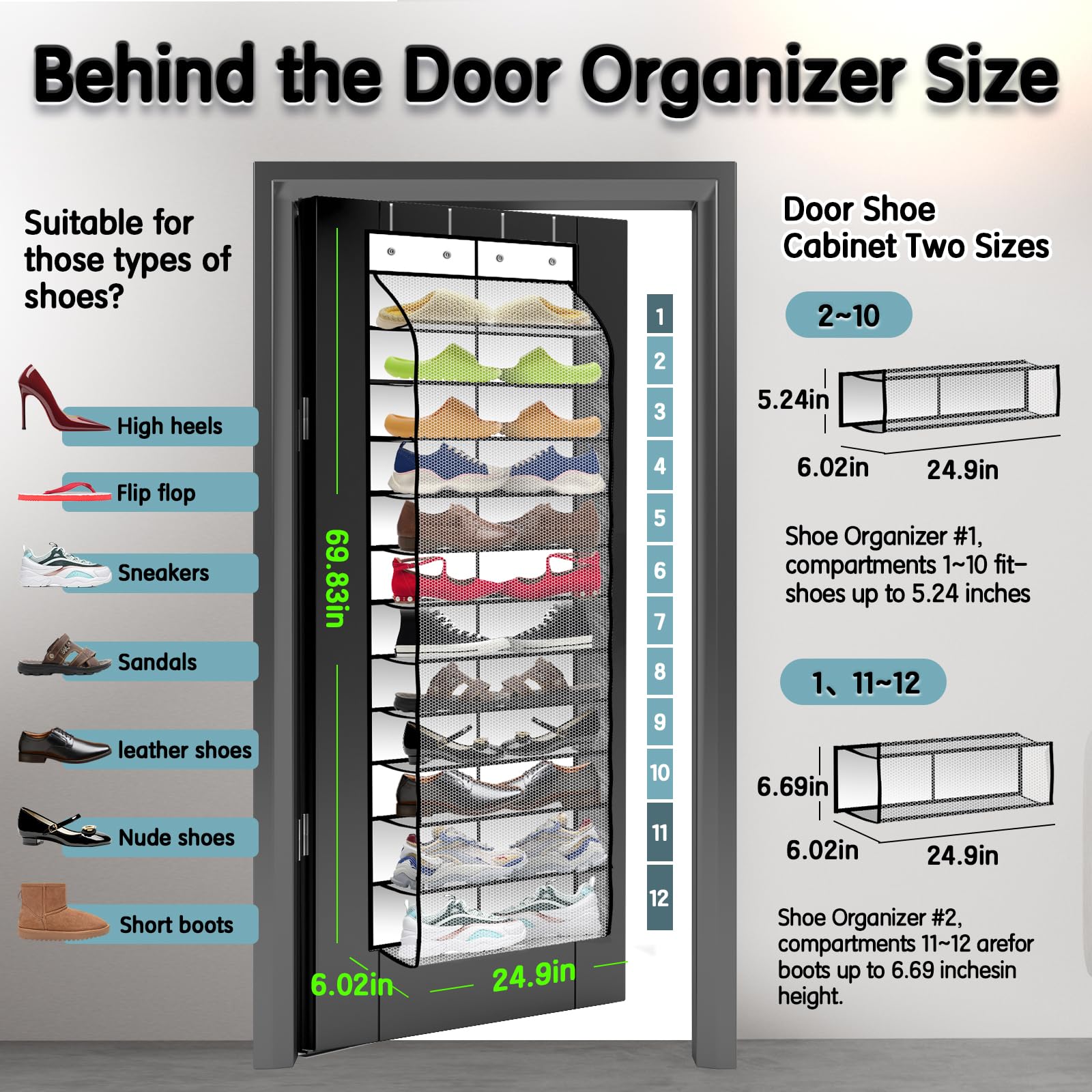 Kotkn 12 organizadores de zapatos colgantes de PVC para colgar sobre la puerta, organizador de zapatos para armario con bolsillos grandes y profundos, zapatero estrecho para colgar en la puerta