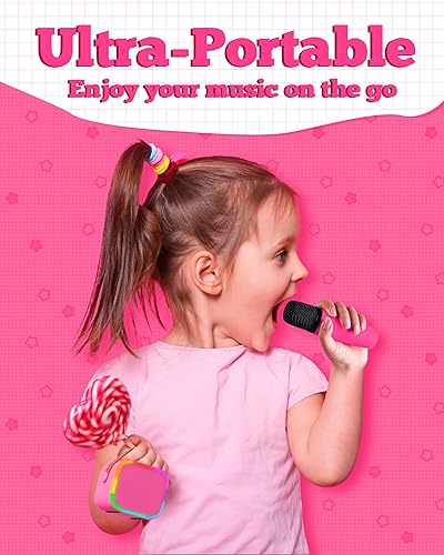 Miniatura 2 de VERKB Mini máquina de karaoke para niños con 2 micrófonos inalámbricos, juguetes para niños para niñas y niños, altavoz Bluetooth portátil con luces