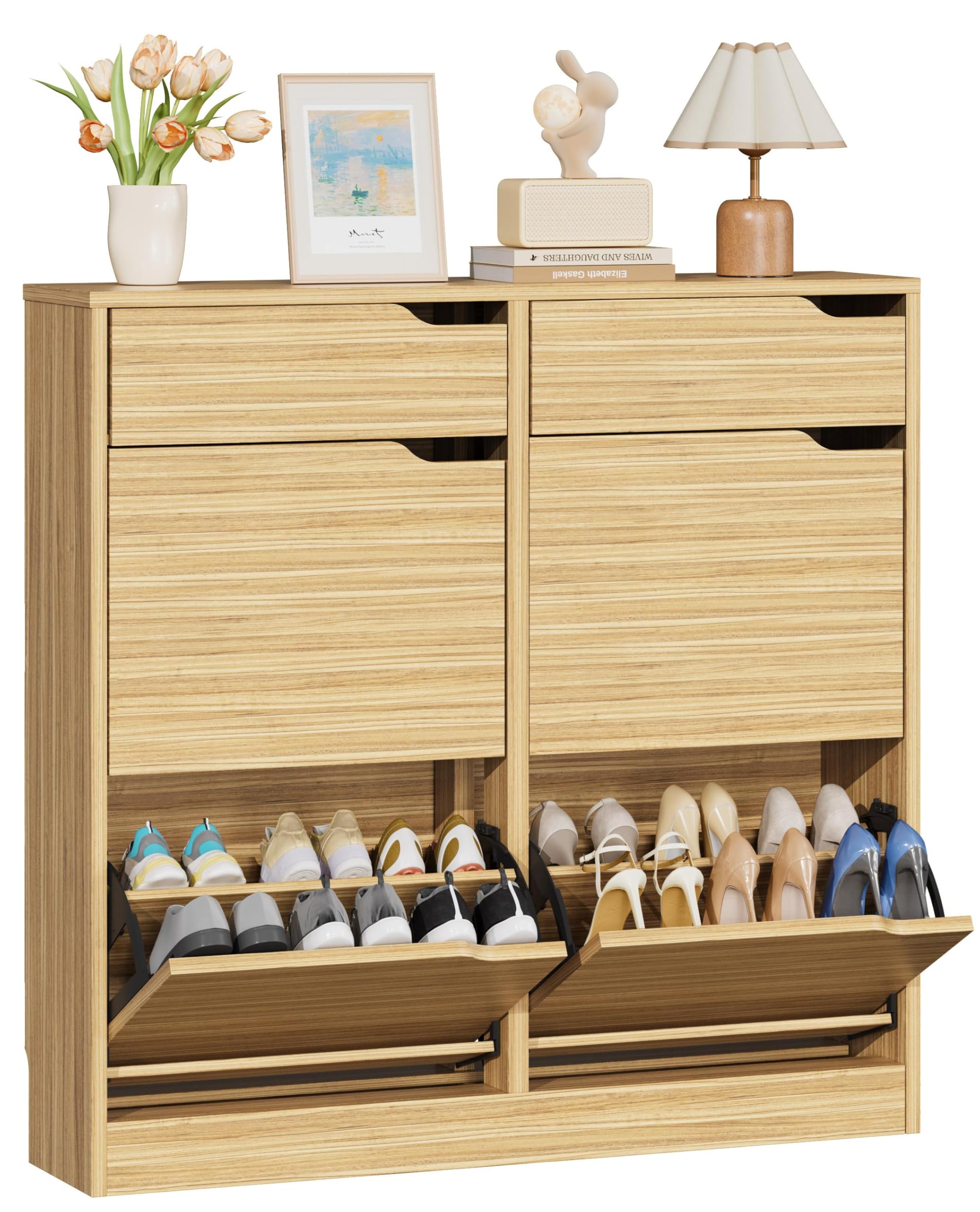 IRONCK Schuhschrank mit 4 Klappen, Schuhkipper Schmal mit 2 Schubladen, freistehendes Schuhregal, Schuhkommode mit verstellbaren Trennwände, Schuhablage Schrank für Flur Eingang und Wohnzimmer (Holz)