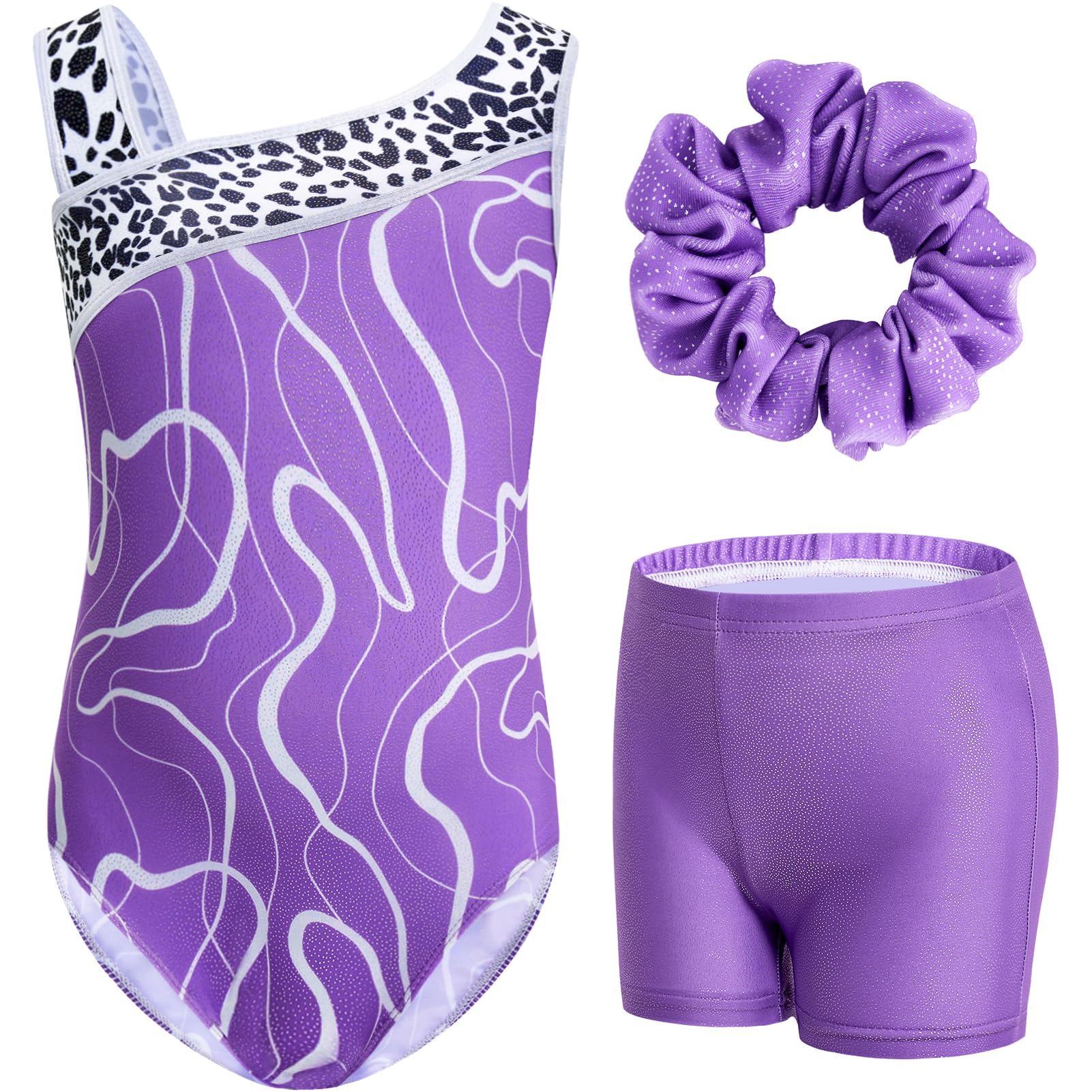 Gogokids - Set da ginnastica in 3 pezzi, con scollo a Y, senza maniche, con pantaloncini e fascia, con motivo a blocchi di colore blu e viola, 3-12 anni