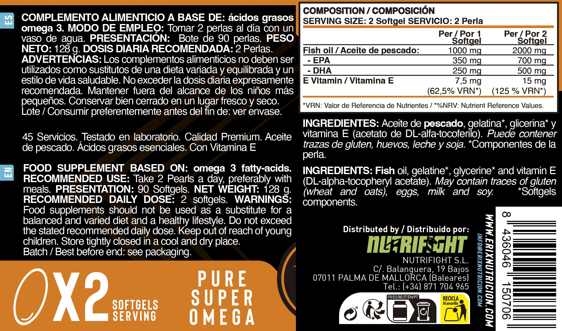 ERIX Nutrición Super Omega 3 Alta Concentración 2000mg - Pack de 2 (180 Perlas) - 700mg EPA y 500mg DHA - Suministro para 3 Meses - Máxima Pureza con Vitamina E - Nutrifight