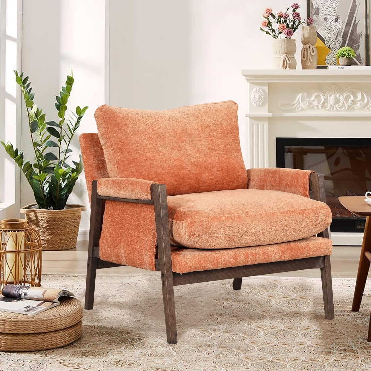 Mid Century Modern Chair, Velvet Upholstered Accent Chair with Rubber Wood Frame, Comfy Reading Chair for Bedroom, Single Sofa Side Armchair for Living Room Office Apartment, Orange