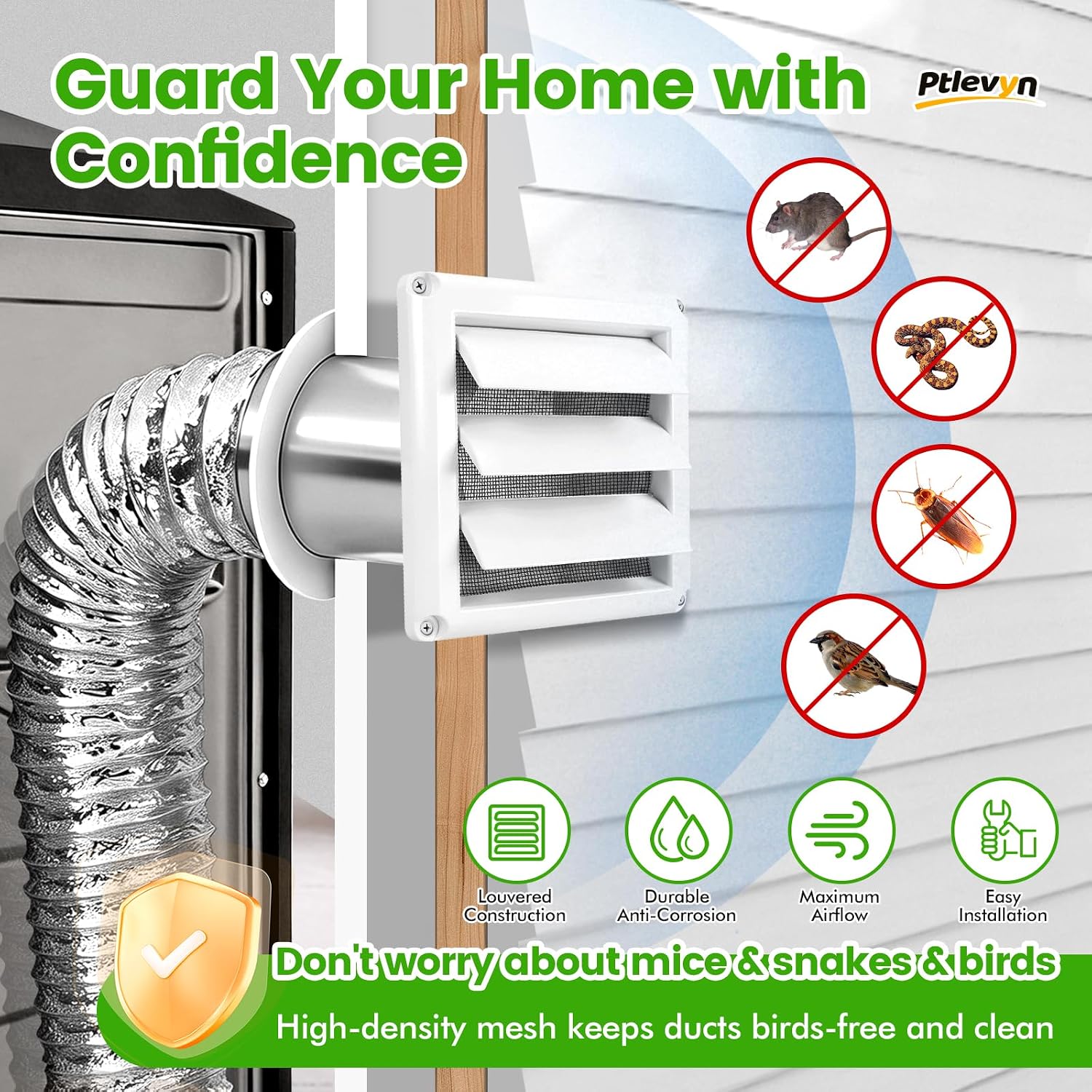 1P-4 inch outdoor white dryer vent cap, with louvered wall hood, gravity flap, and bug screen, protects your dryer from wind, rain, and UV rays, 6"x6" panel, safer and drier ventilation.