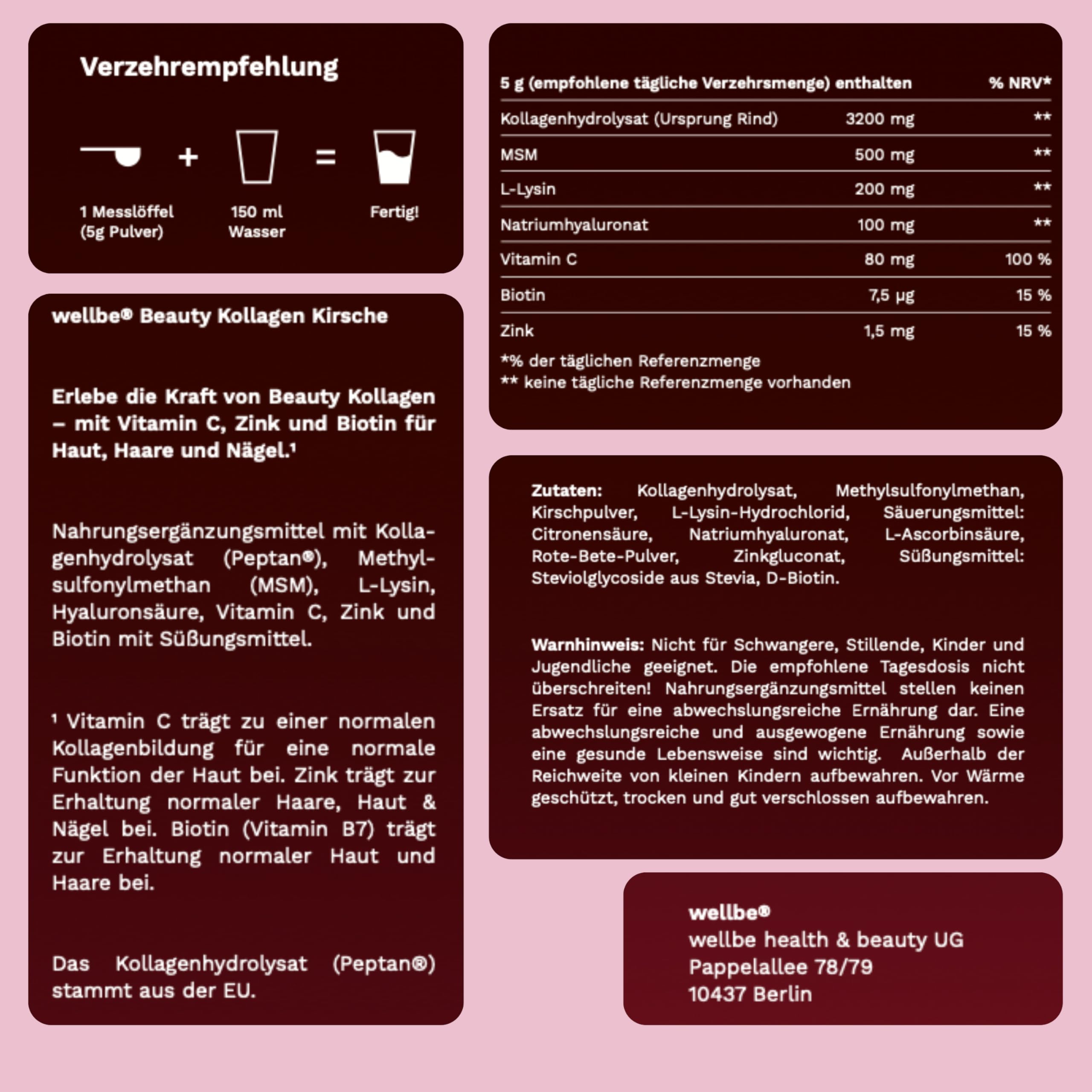 Wellbe Kollagen Pulver Kirsche - hochdosiert mit maximal bioaktivem Kollagen Hydrolysat, Biotin, Zink, Vitamin C & Hyaluron - Collagen Pulver - Kollagenpulver Peptide Made in Germany 3x250g