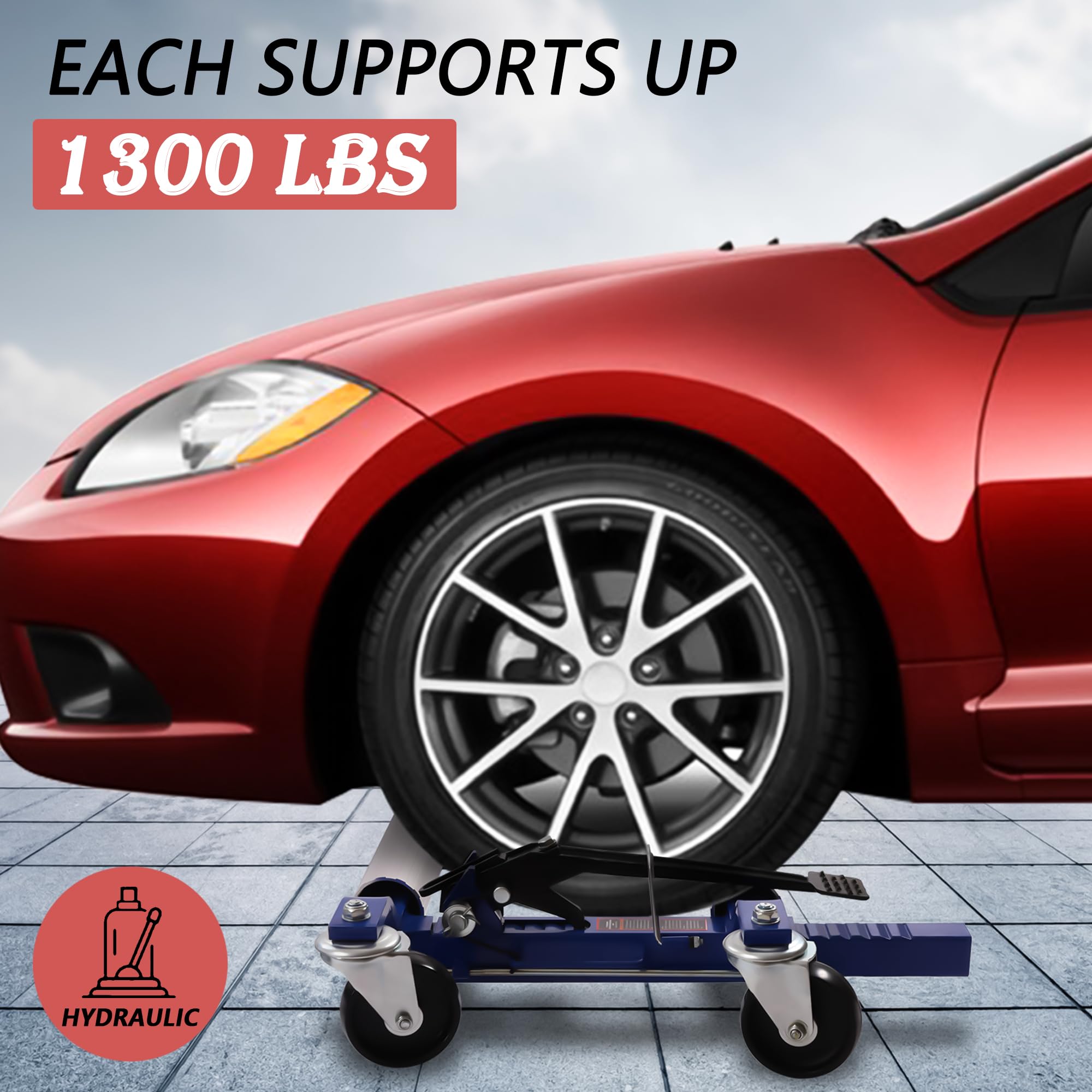 Set of 4 Car Wheel Dolly Heavy Duty Self Loading Dolly with Ratcheting Foot Pedal, 1300lbs Capacity Car Dollies for Moving Cars and Equipment