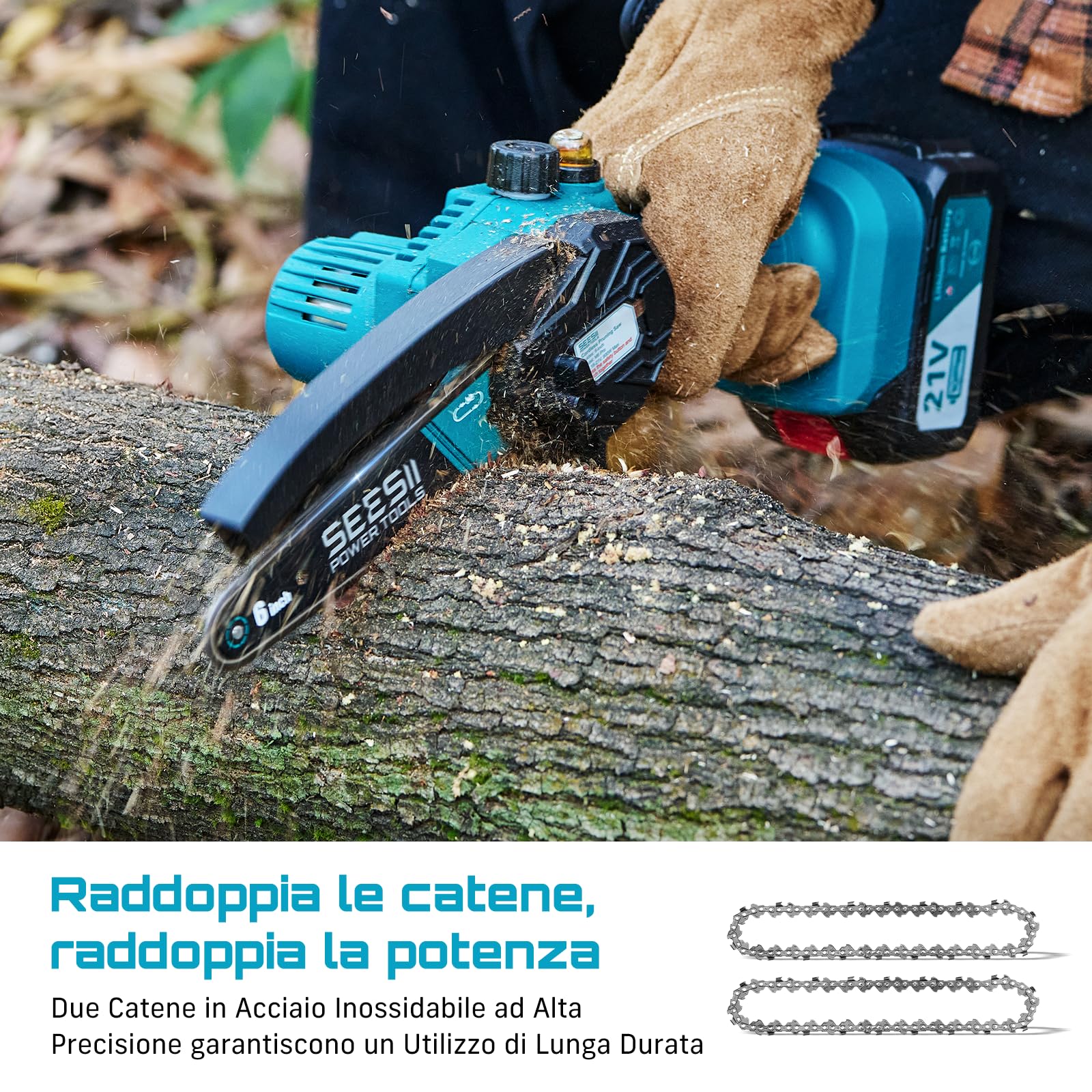 SEESII Mini Motosega a Batteria 8000mAh, 900W 6 Pollici Sega Elettrica per Potatura con Pompetta Olio e Catena di Ricambio, Motosega da Potatura per il Taglio del Legno Giardini, M6 Pro