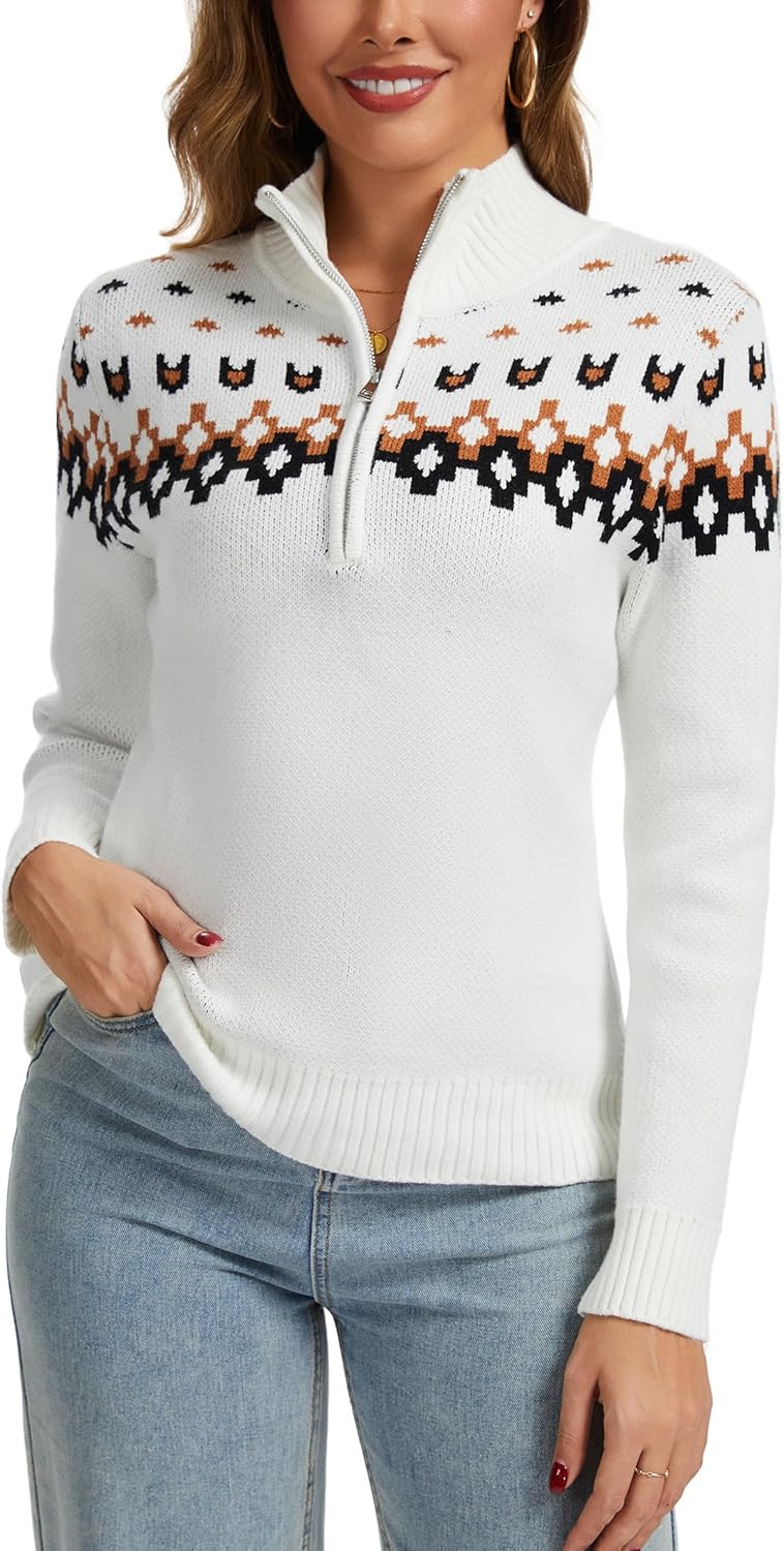 Anienaya Women's Fair Isle Sweater Quarter Zip Turtleneck Casual Slim Fitted Knitwear Lightweight Fall Winter Pullover Tops