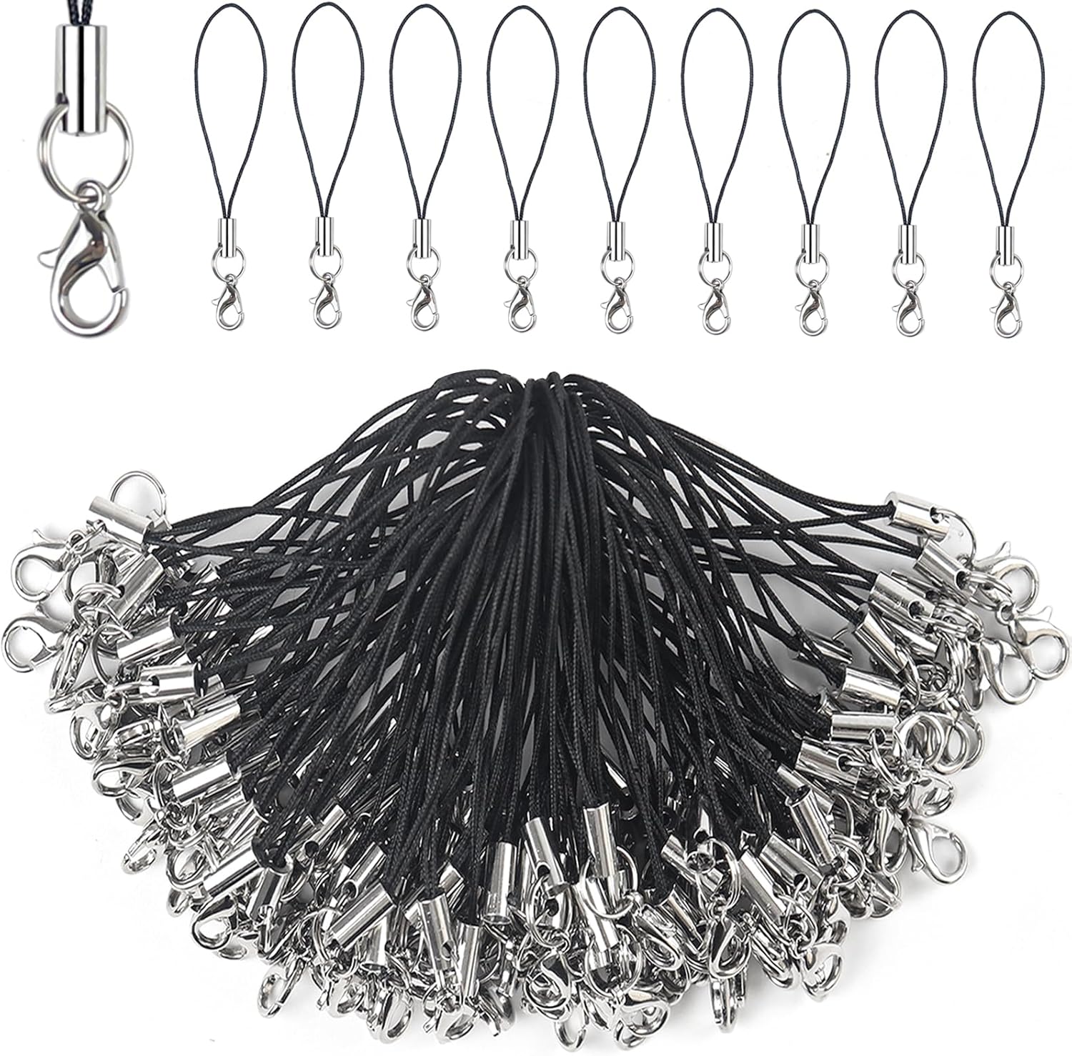 100Pcs Phone Charms Strap with Lobster Clasp,Lanyard Charms Pendant Clasp for Keychain USB Drive DIY Jewelry Crafts Mobile Accessories(Black)