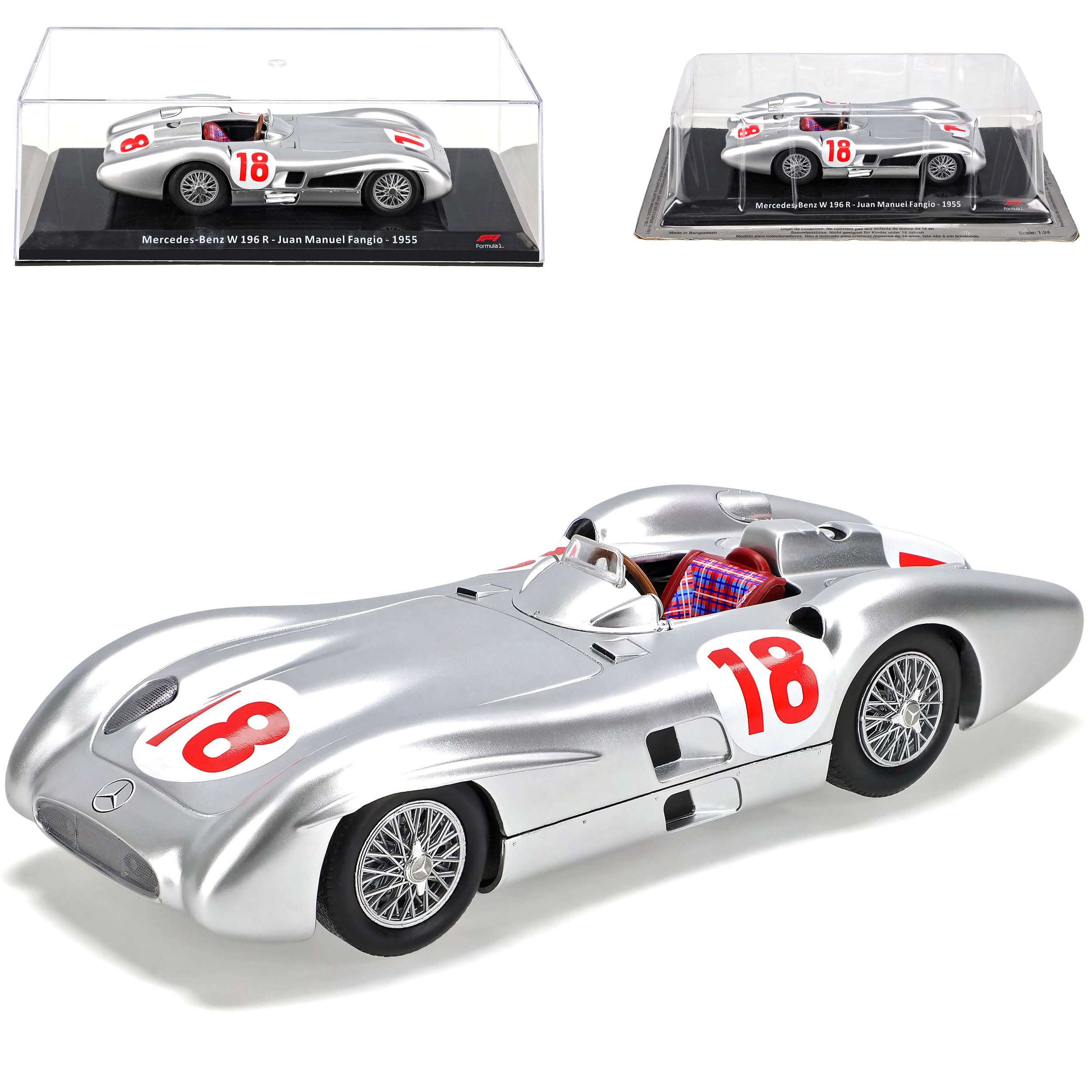 alles-meine.de GmbH Mercedes-B. W196 R Juan Manuel Fangio 1955 Formel 1 mit Sockel und Vitrine 1/24 Modell Auto