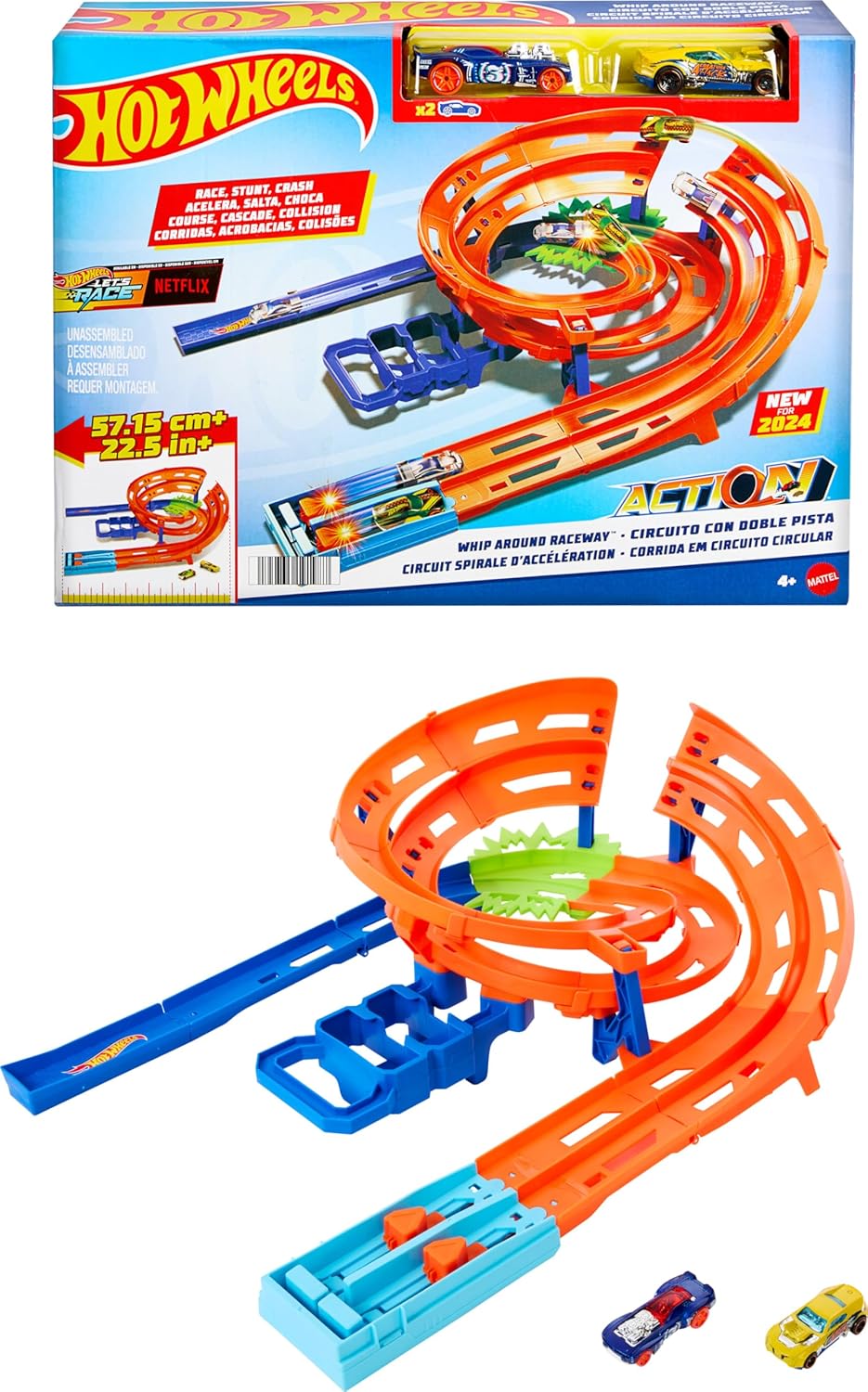 Hot Wheels Action Twisted Loop Track Playset in its packaging, showing the track layout and included cars.