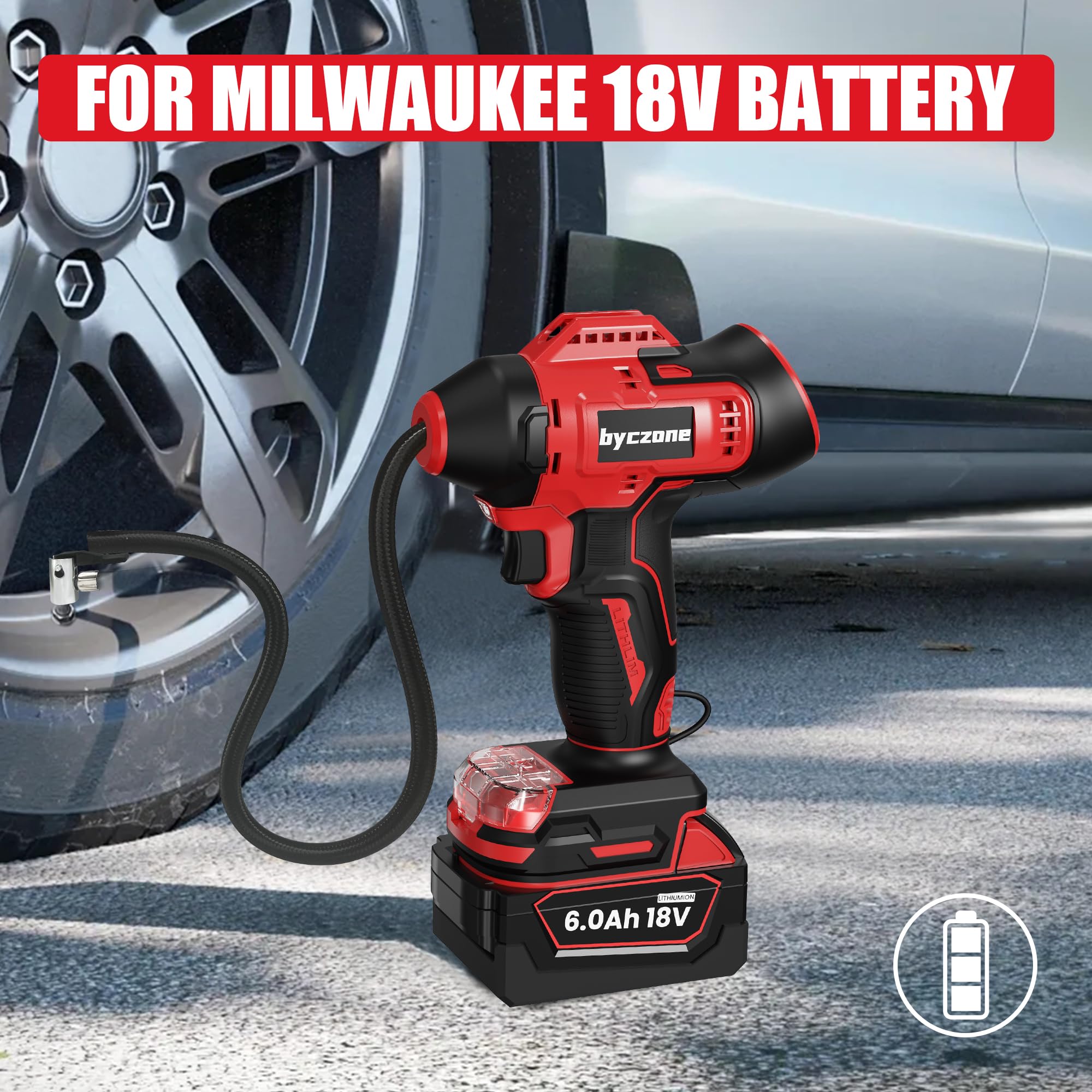 Reifenfüller, kompatibel mit Milwaukee 18 V max. Akku, 160 PSI kabelloser Luftkompressor mit 12 V DC Auto-Adapter, LCD-Digital-Manometer für Auto, Fahrrad, Sportball (ohne Batterie)