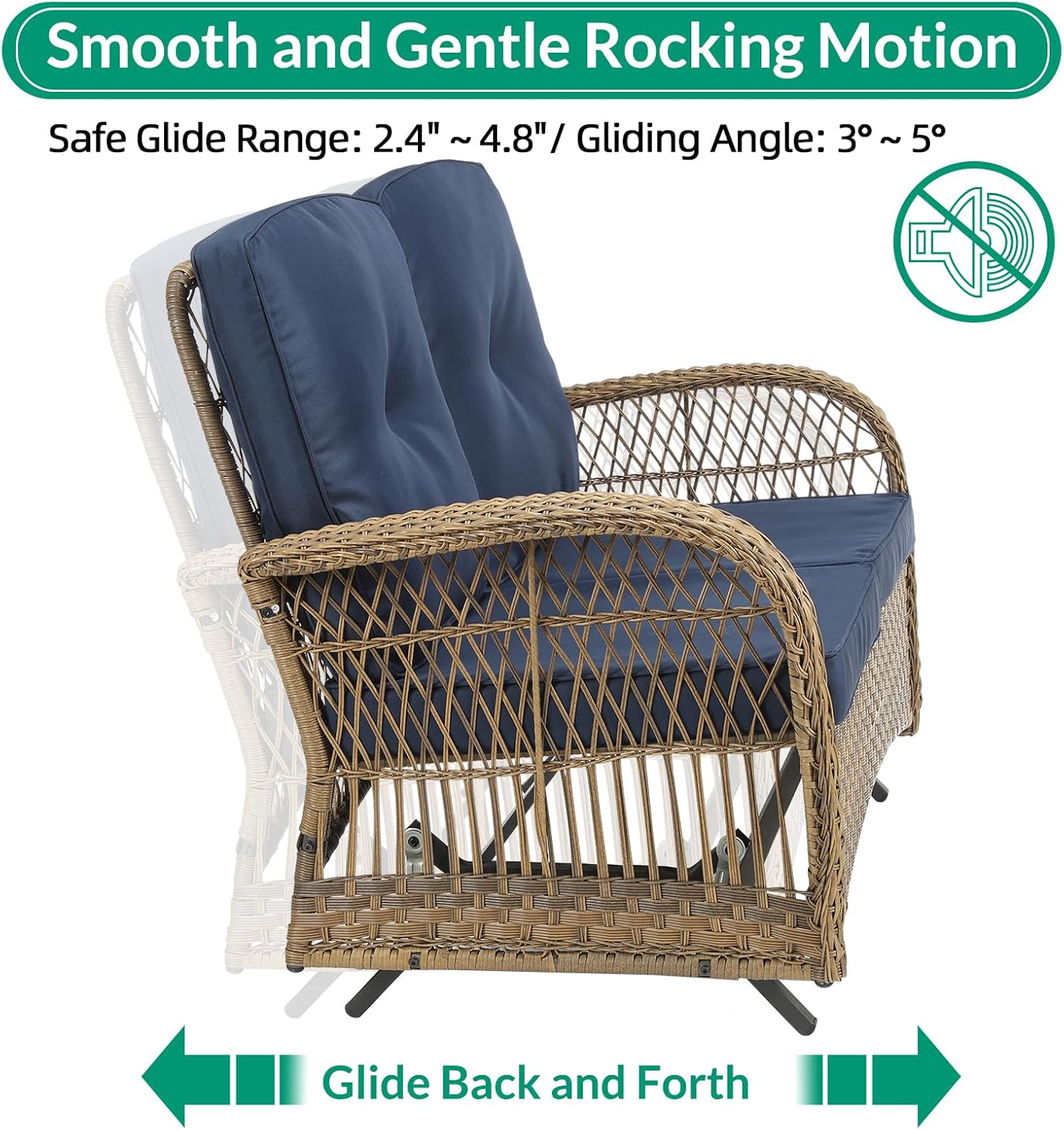 VIVIJASON 2-Piece Patio Wicker Loveseat Glider Set Cushioned, Outdoor Conversation Furniture Sets with 2-Seater Glider Rocking Bench, Coffee Table and Cushions for Porch Garden Poolside, Navy Blue