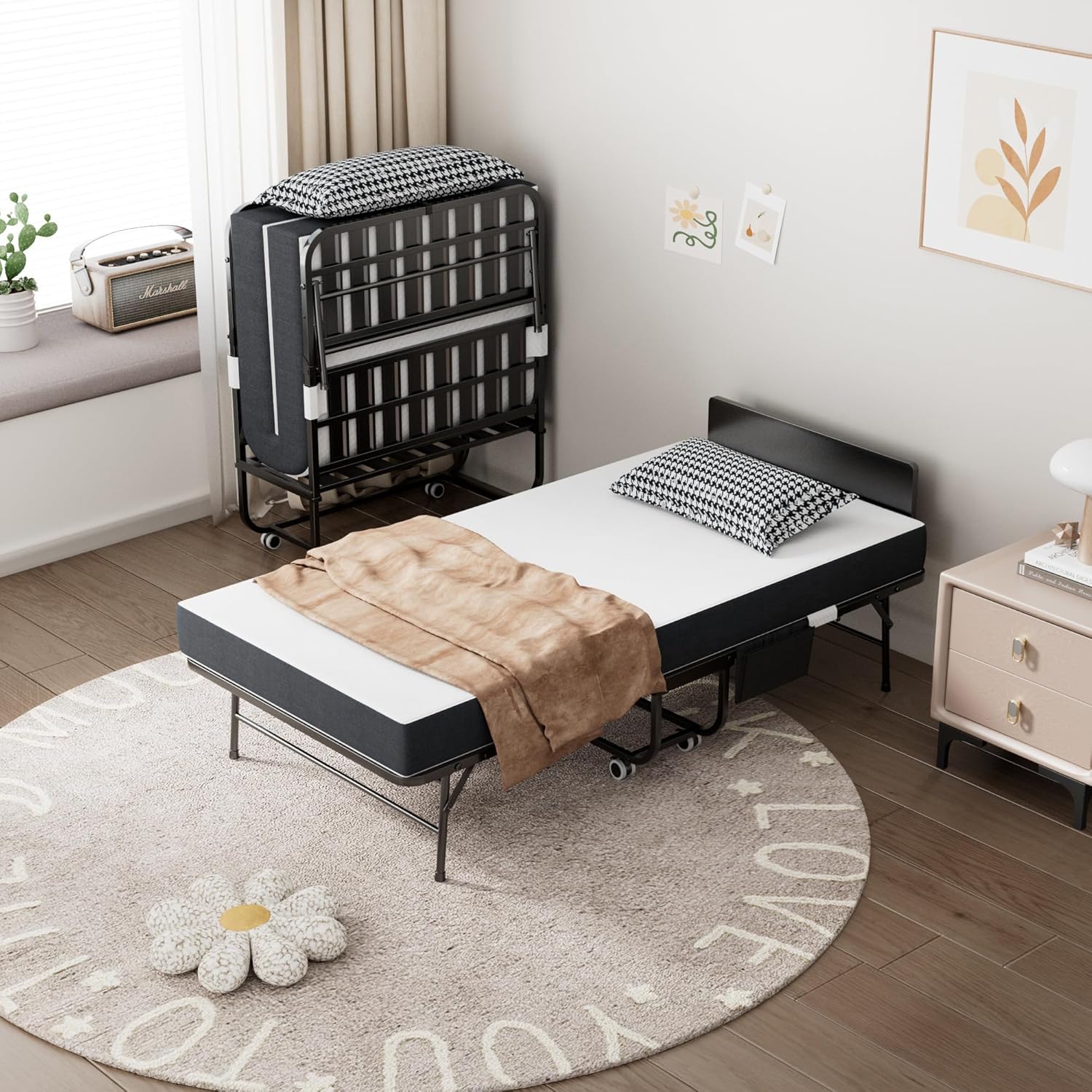 Folding Bed with Mattress and Adjustable Headboard,75"*31" Memory Foam Mattress, Heavy Duty Metal Portable Bed for Adults, Roll Away Beds with Dust Cover Wide Frame Foldable Beds for Guest | Adjustable Headboard