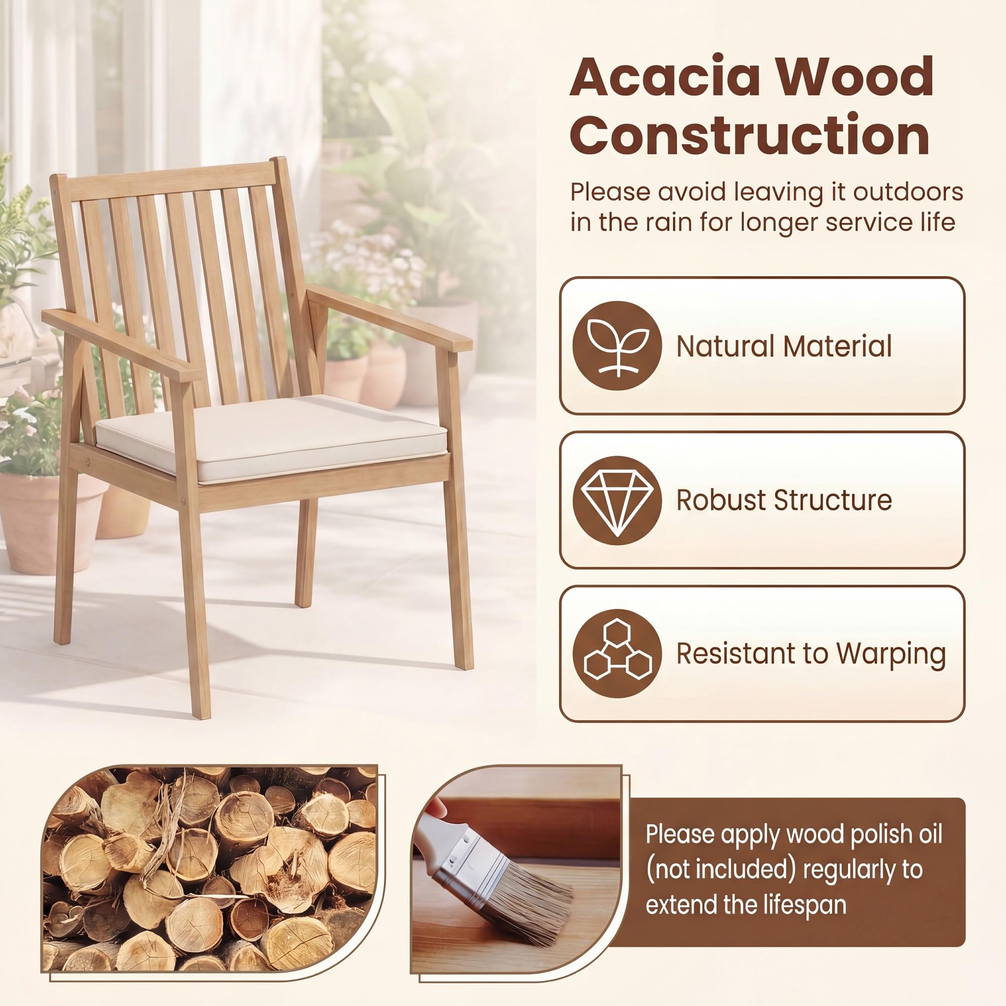 GIANTEX Juego de 2 sillas de comedor de madera de acacia con cojín acolchado, reposabrazos y patas ajustables, silla de cocina de hasta 180 kg, para patio, terraza, 64 x 59 x 86 cm (beige)