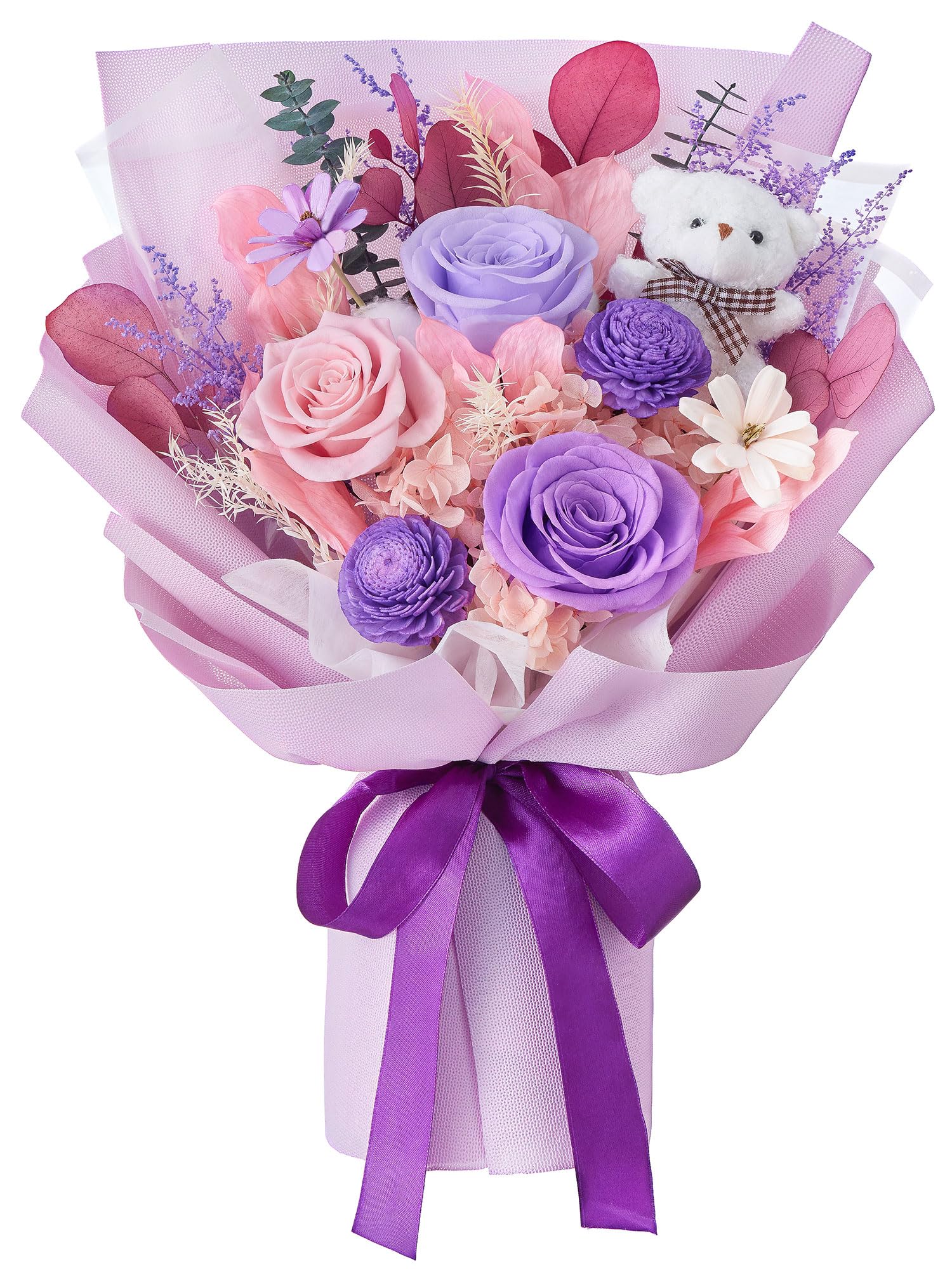 Polylove Preserved Flowers for Delivery Prime Forever Flowers Bouquet with Bear Flower Gift for Wife Women Birthday
