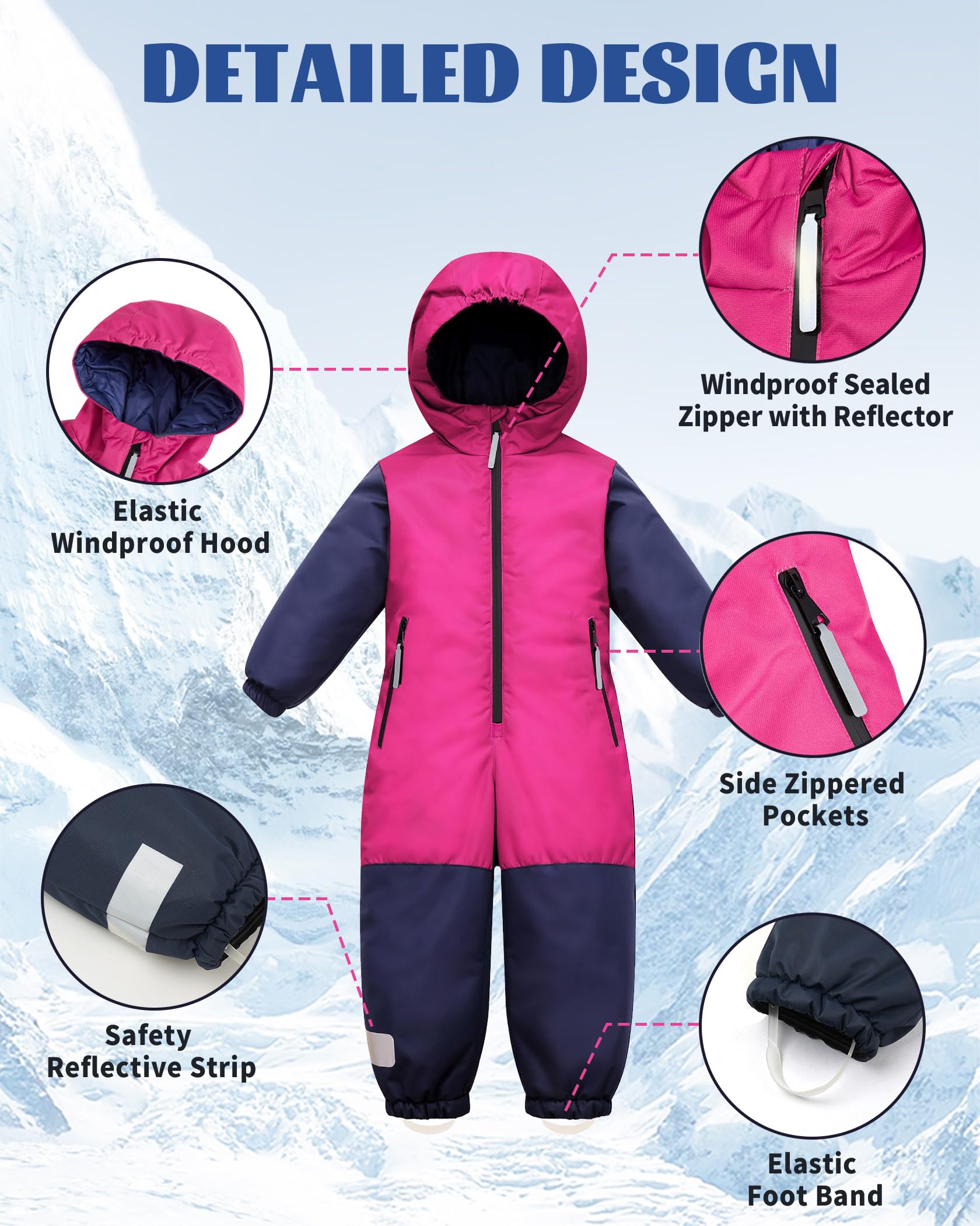 Owntop Schneeanzug Kinder Unisex, Schneeoverall Mädchen Jungen, Winddicht Wasserdicht Skianzug mit Kapuze Reißverschluss (Rosa,104)