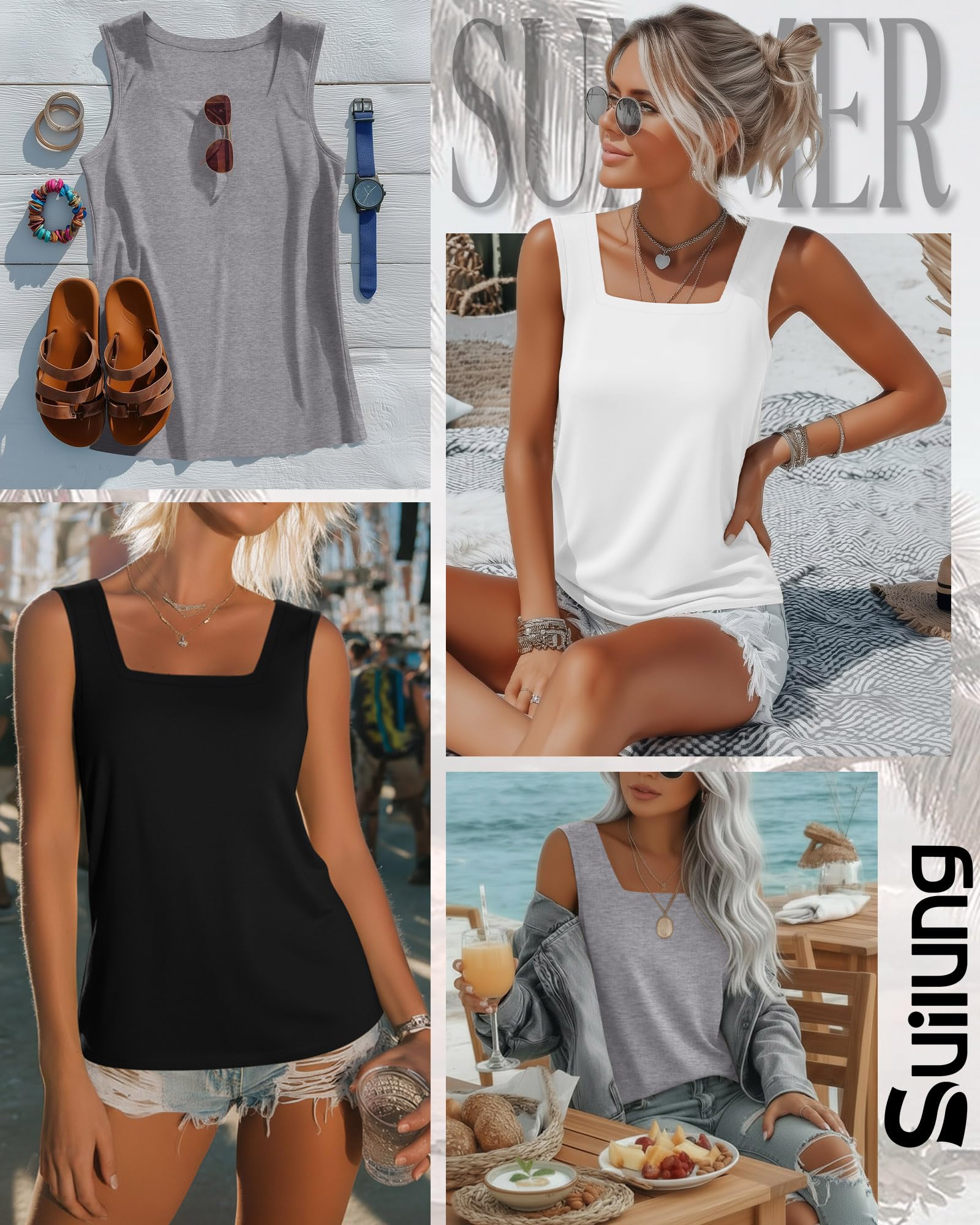 Confezione da 3 Canotte Estive da Donna Maglie Senza Maniche Casual vestibilità Ampia con Scollo Quadrato