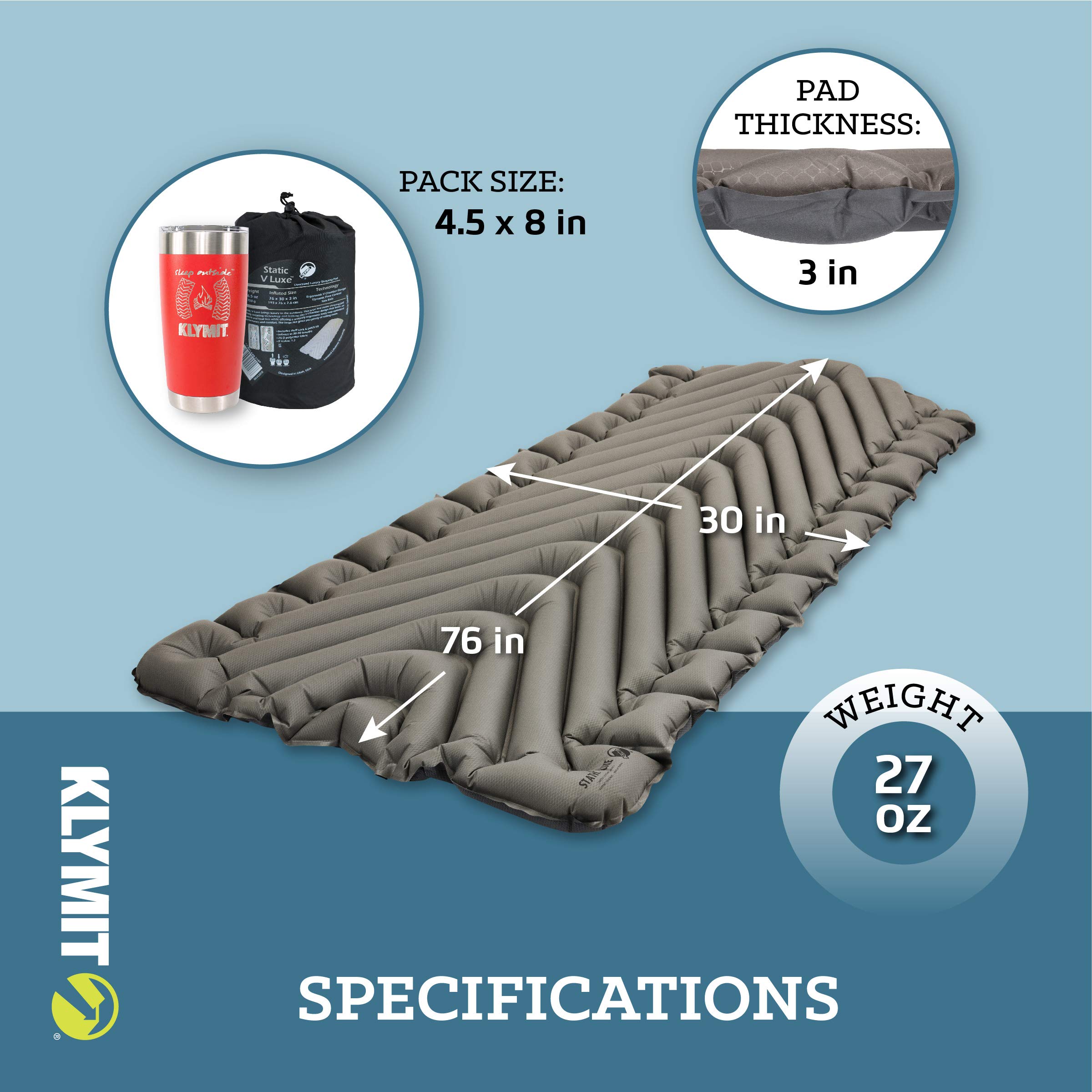 Klymit Static V Luxe Sleeping Pad, Lightweight Lofted