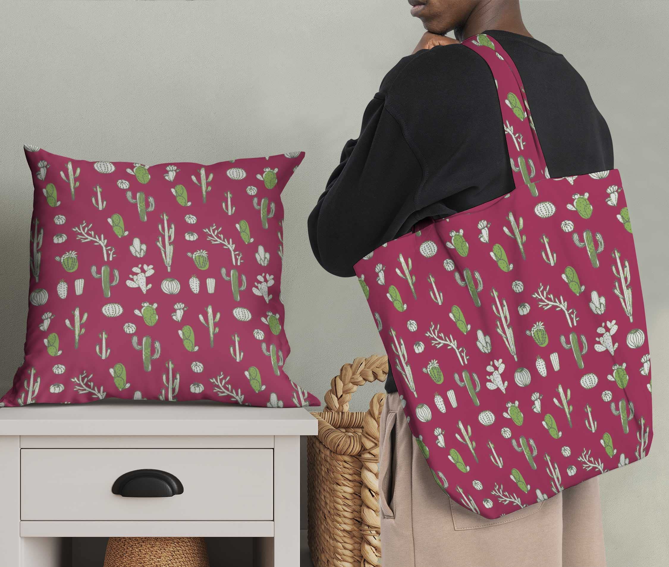 Soimoi Pink Cactus Tree Print Fabric - Poly Georgette 42 Inch Wide Desert Chic Pattern By The Yard