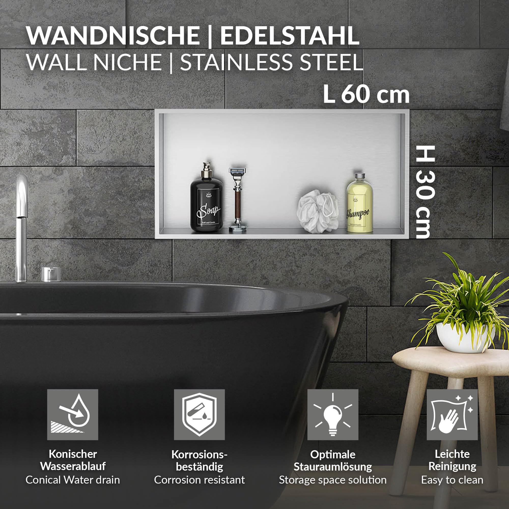 LuxeBath Niche de Douche Encastrée Murale, 60x30x10cm, en Acier Inoxydable, Argent, Étanche, Étagère avec Cadre Salle de Bain, Encastrable, Seule Couche, Rangement Articles Toilette, Matériel Montage