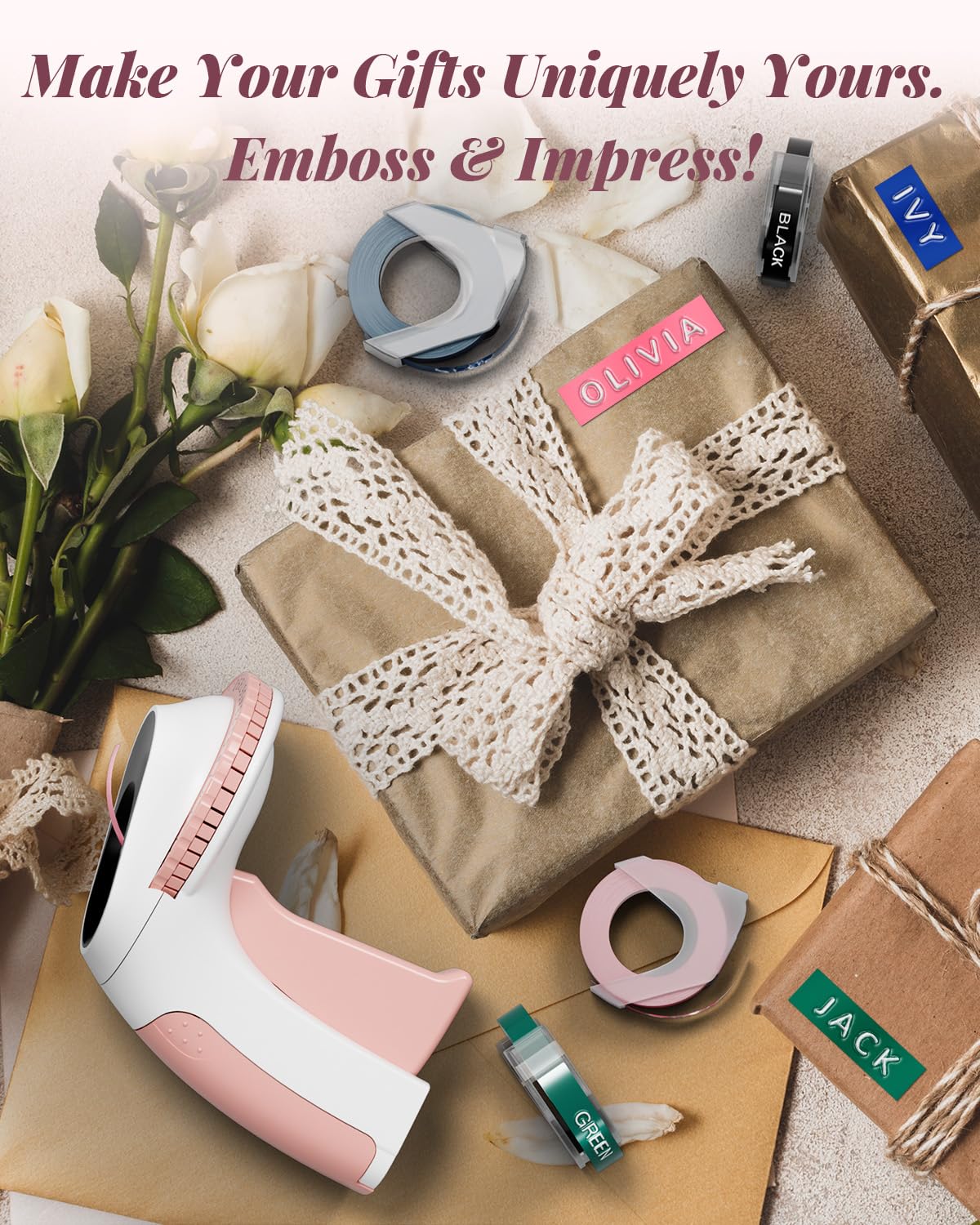 Phomemo Etichettatrice per goffratura, stile retrò, macchina per goffratura portatile, con 6 rotoli di nastri per goffratura 3D, per bambini, fai da te, casa, scuola, organizzazione ufficio, rosa