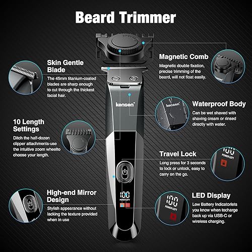 Miniatura 5 de Kensen Recortadora de barba ajustable para hombres, cuchillas de cerámica de precisión, impermeable, recargable, ideal para barbas, bigotes y