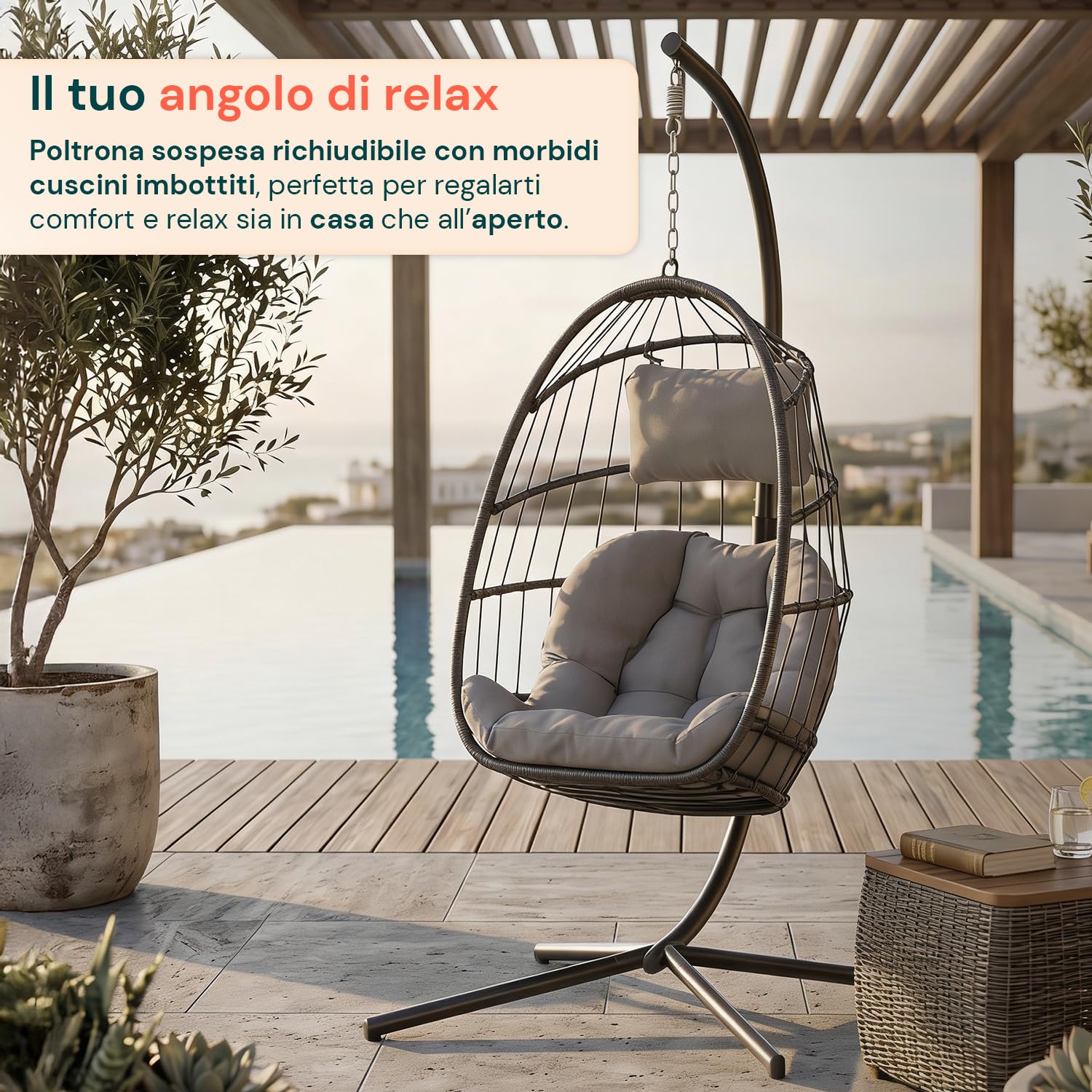 Poltrona Sospesa da Giardino a Uovo Pieghevole – Rattan Sintetico, Acciaio Zincato 192 cm, 160 kg | Sedia a Dondolo Sospesa con Cuscini Antracite, Interno ed Esterno, 75×10×103,5 cm chiusa