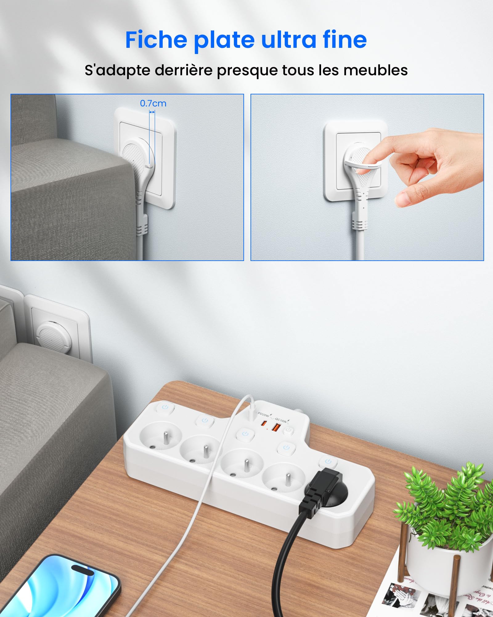 Listwa Zasilająca Wtyczka Płaska,5 Polskie Gniazda,Przedłużacz 2M Kabel | Gniazdo USB C PD20W Szybkim Ładowaniem,Indywidualny Przełącznik,Płaskie Gniazdko do Domu i Biura,za Biurkiem i Meblami,Biały