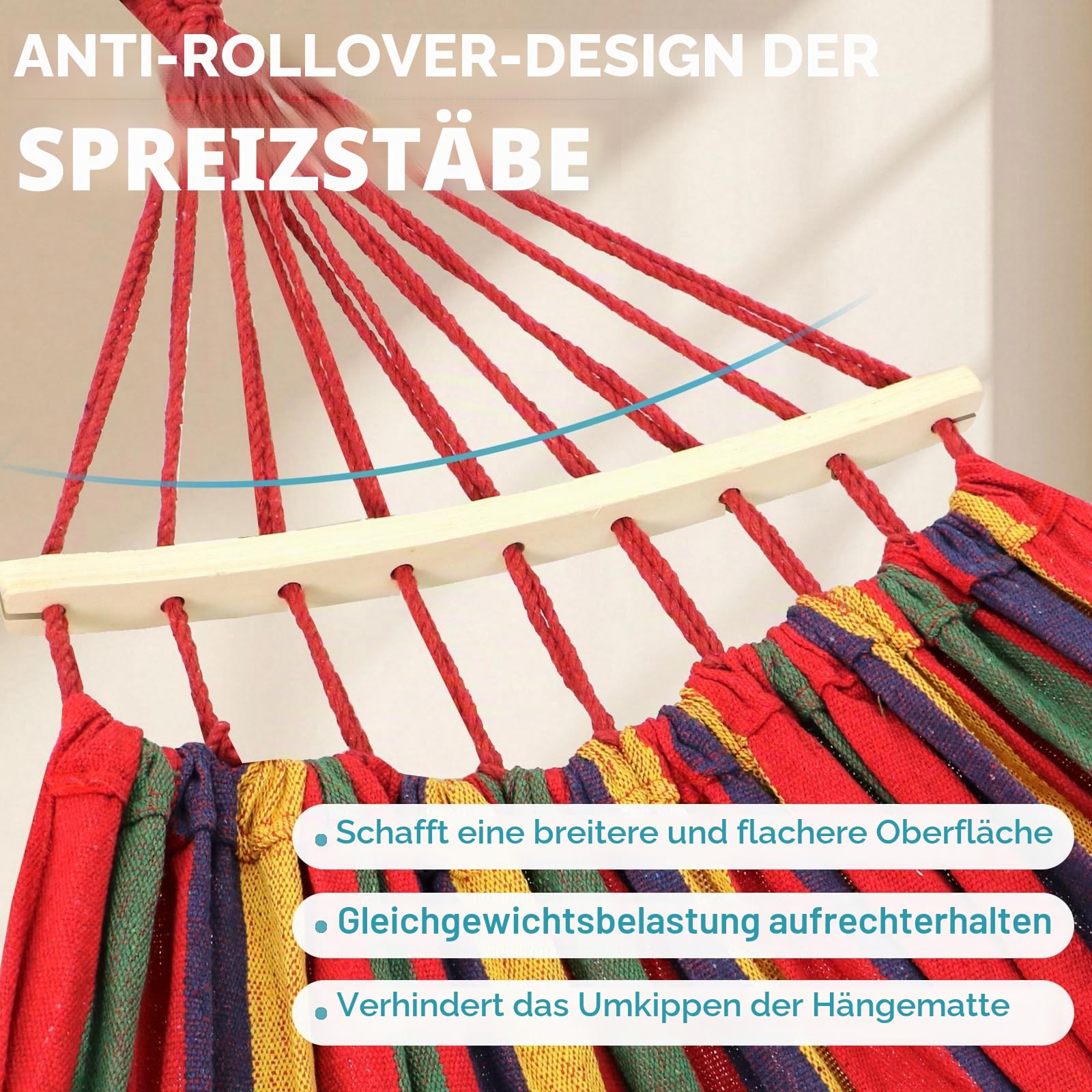 ANYOO Hängematte Garten Langlebige Hängematte mit Abnehmbaren Holzstange,Tragbaren Bequeme Stabhängematte mit Gürtelzubehör Tragetasch für Innen/Draussen Terrasse Garten Strand
