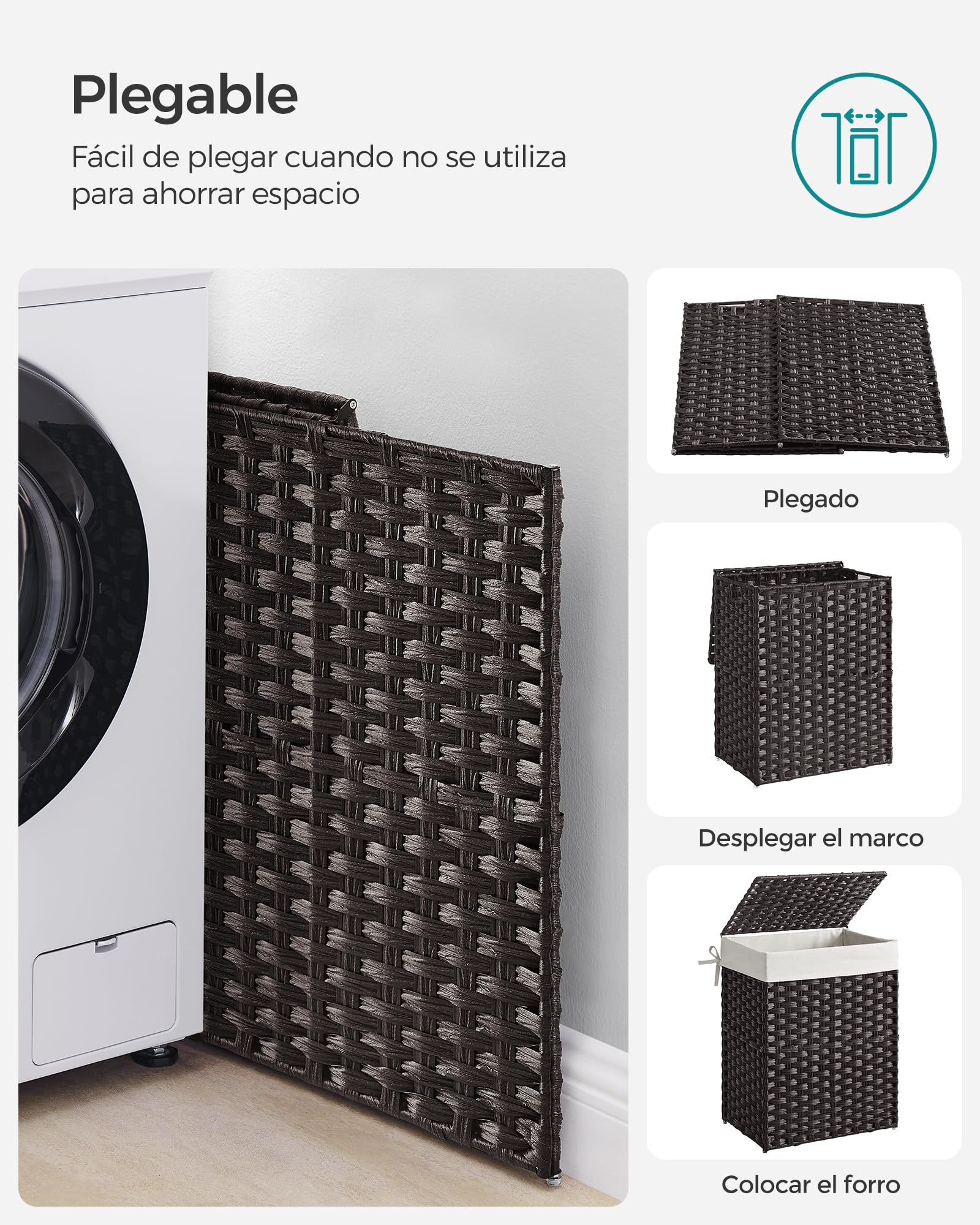 SONGMICS Cesta de Almacenamiento, Cesta de Lavandería de 90 L con Tapa, Plegable, Bolsas de Tela Extraíbles y Asas, para Mantas, Ropa, Salón, Dormitorio, Lavadería, Negro LCB51BK | Eliott LCB51BK - Cesto para lavandería trenzado extraíble con tapa y asas,