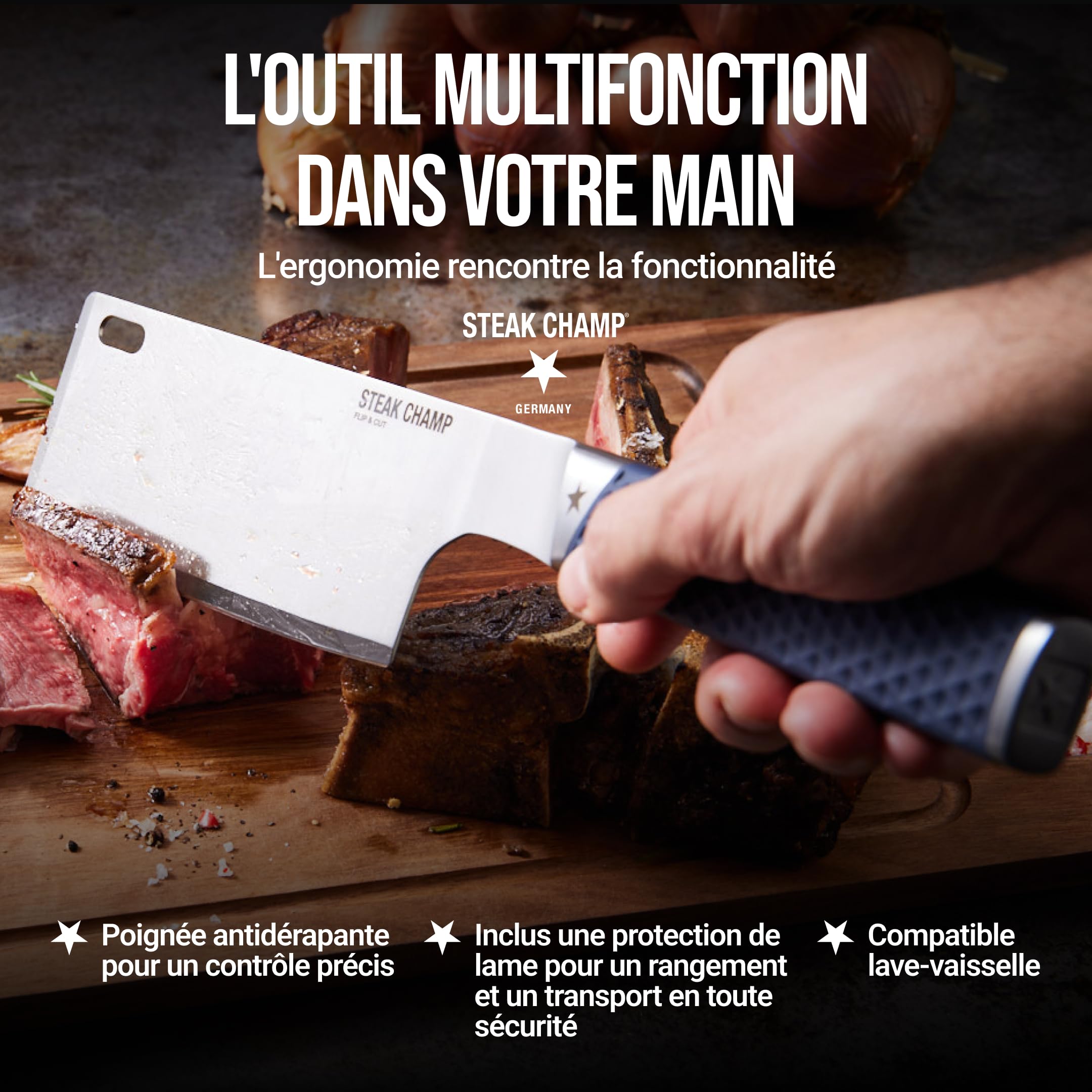 Steakchamp Spatule Flip & Cut : Spatule pour plancha, barbecue et poêle, avec tranchant de couteau de haute qualité et poignée antidérapante