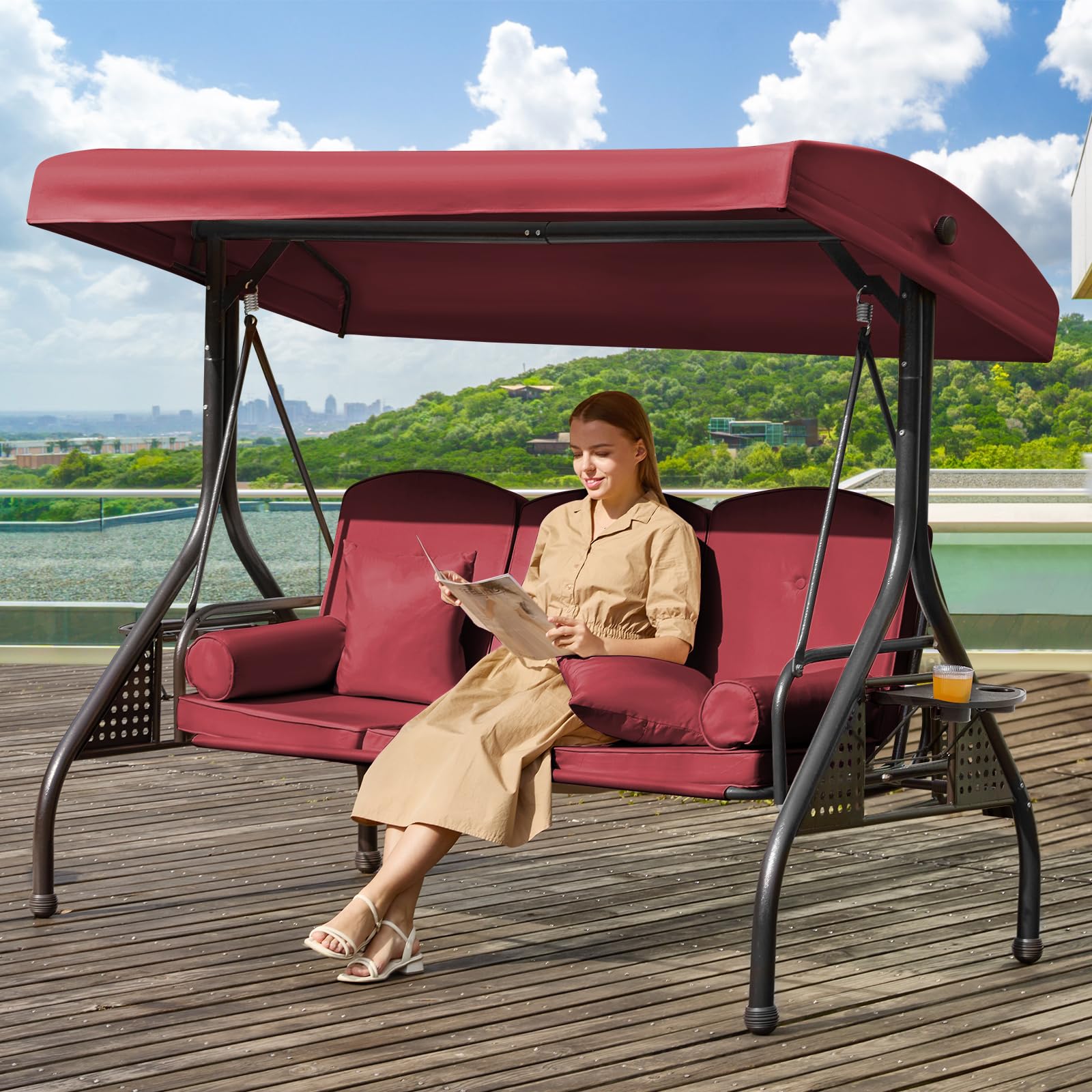 3 in 1 Outdoor Porch Swing with Adjustable Canopy, 3 Seat Outdoor Swing for Adults, Patio Swing Chair with Thickened Cushions,Pillows &amp; Cup Holders for Backyard, Porch, Garden (Wine Red)