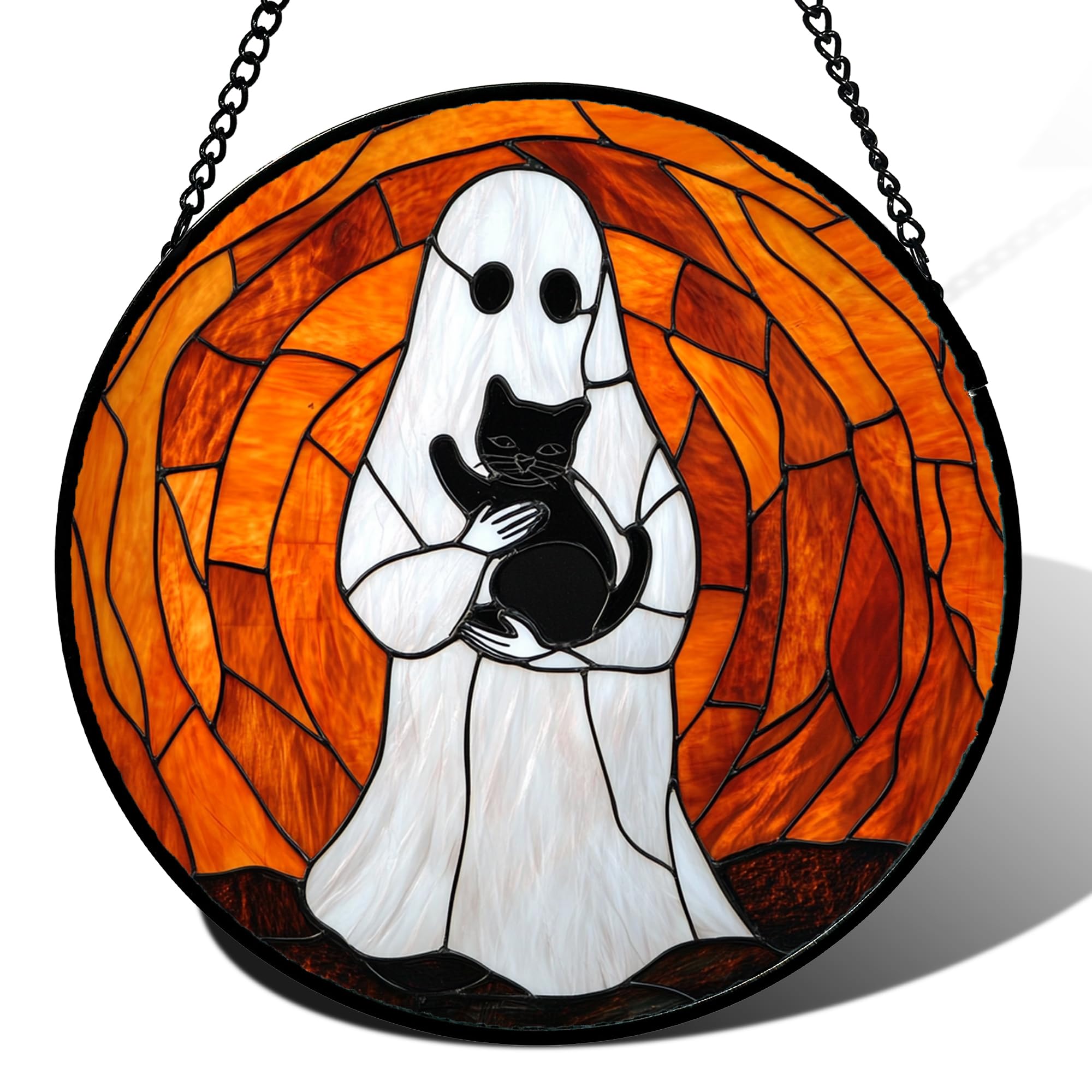 Ghost Black Cat Stained Glass Window Hanging Suncatcher 15"