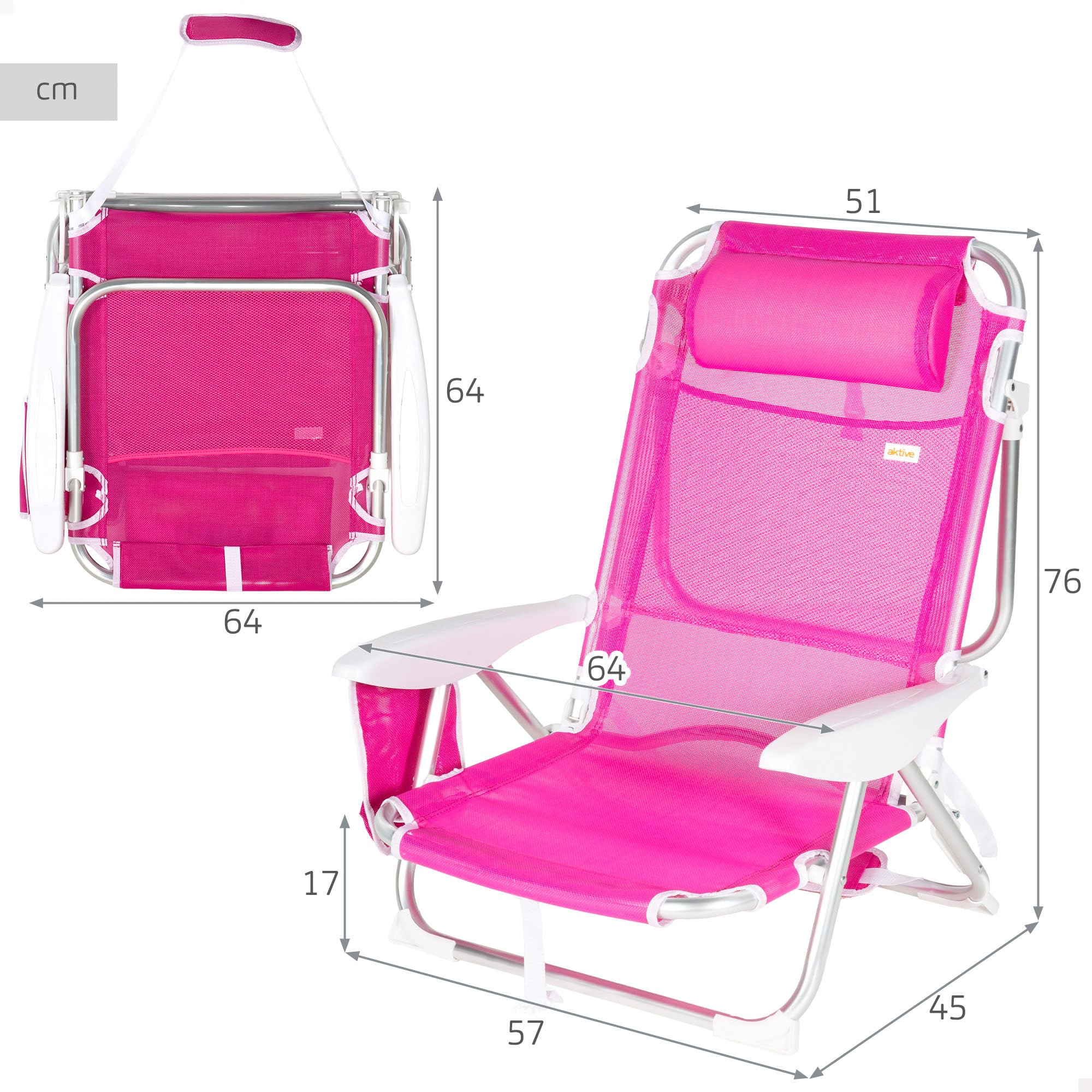 AKTIVE Chaise de Plage Pliable, Fuchsia, textilène et Aluminium, 51 x 45 x 76 cm, 4 Positions, Dossier Haut, 110 kg