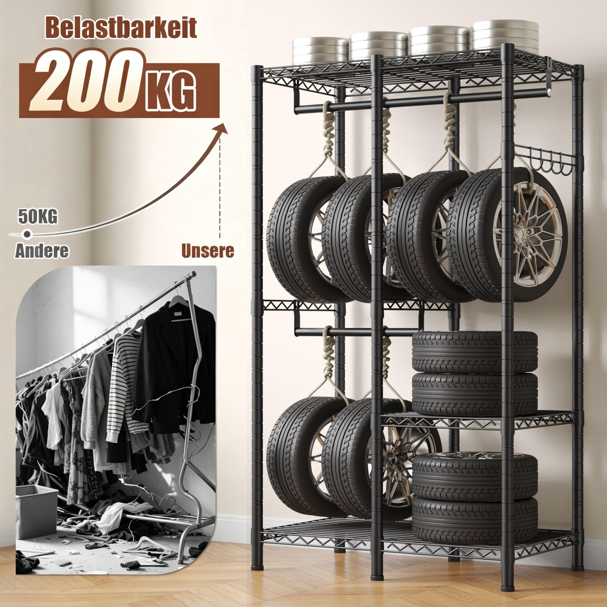 Offener Kleiderschrank mit 3 Regalböden & 4 Haken für Mäntel, Jacken | Höhenverstellbarer Kleiderständer mit 2 Kleiderstangen,200 KG Tragfähigkei,für Schlafzimmer,Eingangsbereich,Schwarz