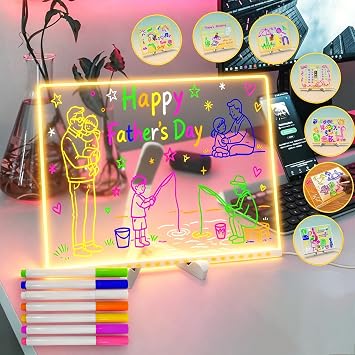 Fanrui Glowing LED Kids Drawing Board with Colors & Night Light 11.8"x7.9" Acrylic Desktop Dry Erase Memo Whiteboard, USB Powered, Dimmable, to Do List, Planning for Home/Kitchen/Office/School