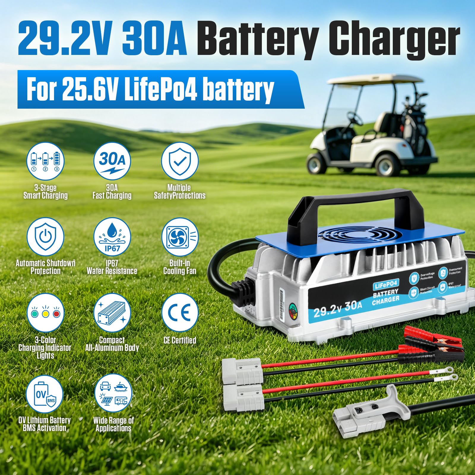 KAISAL LiFePO4 ładowarka 29,2 V 30 A LiFePO4 ładowarka do baterii litowej 24 V/25,6 V, 0 V aktywowana bateria LiFePO4, wodoszczelność IP67, 24 V LiFePO4 ładowarka do kamperów, łodzi, solarnych