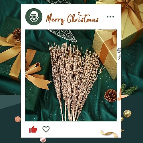Miniatura 5 de 12 piezas de púas brillantes para árbol de Navidad, tallos de bayas brillantes de oro rosa, adornos de bayas artificiales, púas y ramas de Navidad