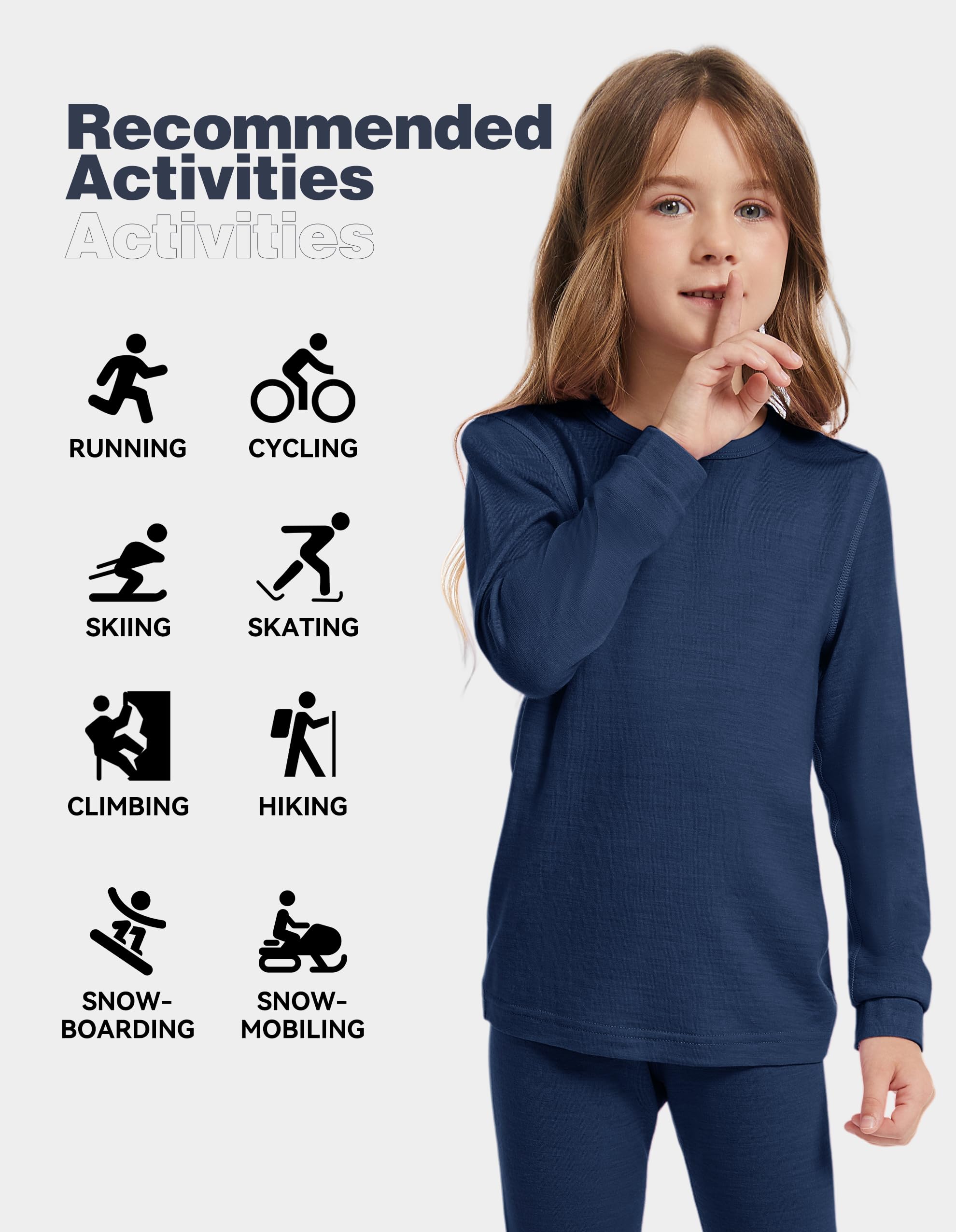 Haut Thermique Enfant 100% Laine Mérinos, Haut à Manches Longues Chaud pour Garçons & Filles, Ski & Activités Hivernales