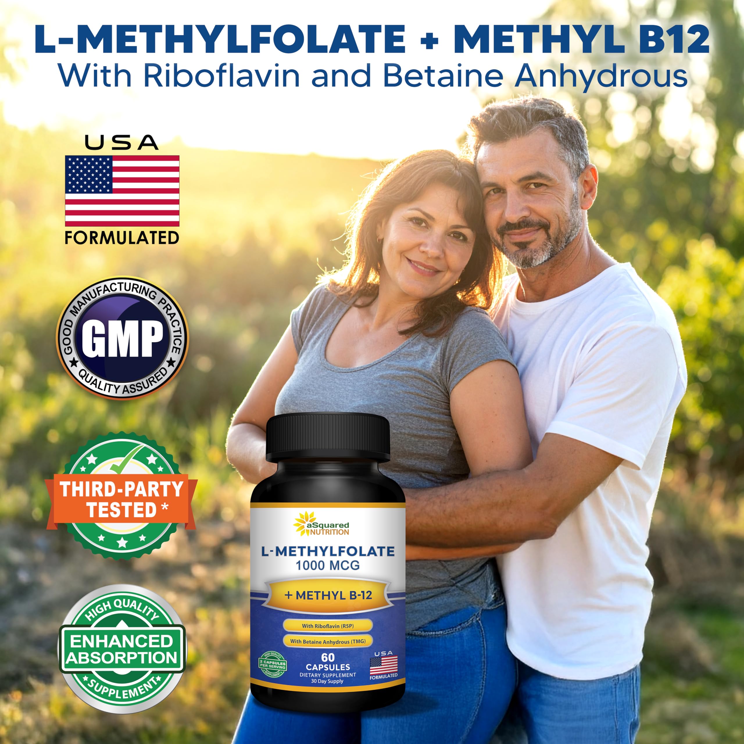 aSquared Nutrition L Methylfolate Plus Methyl B12 - Methylated Folate Supplement for Women & Men - 5-MTHF (Active Vitamin B9) 1000 mcg & B-12 1mg - B Complex - 60 Capsules — Amazon image 2